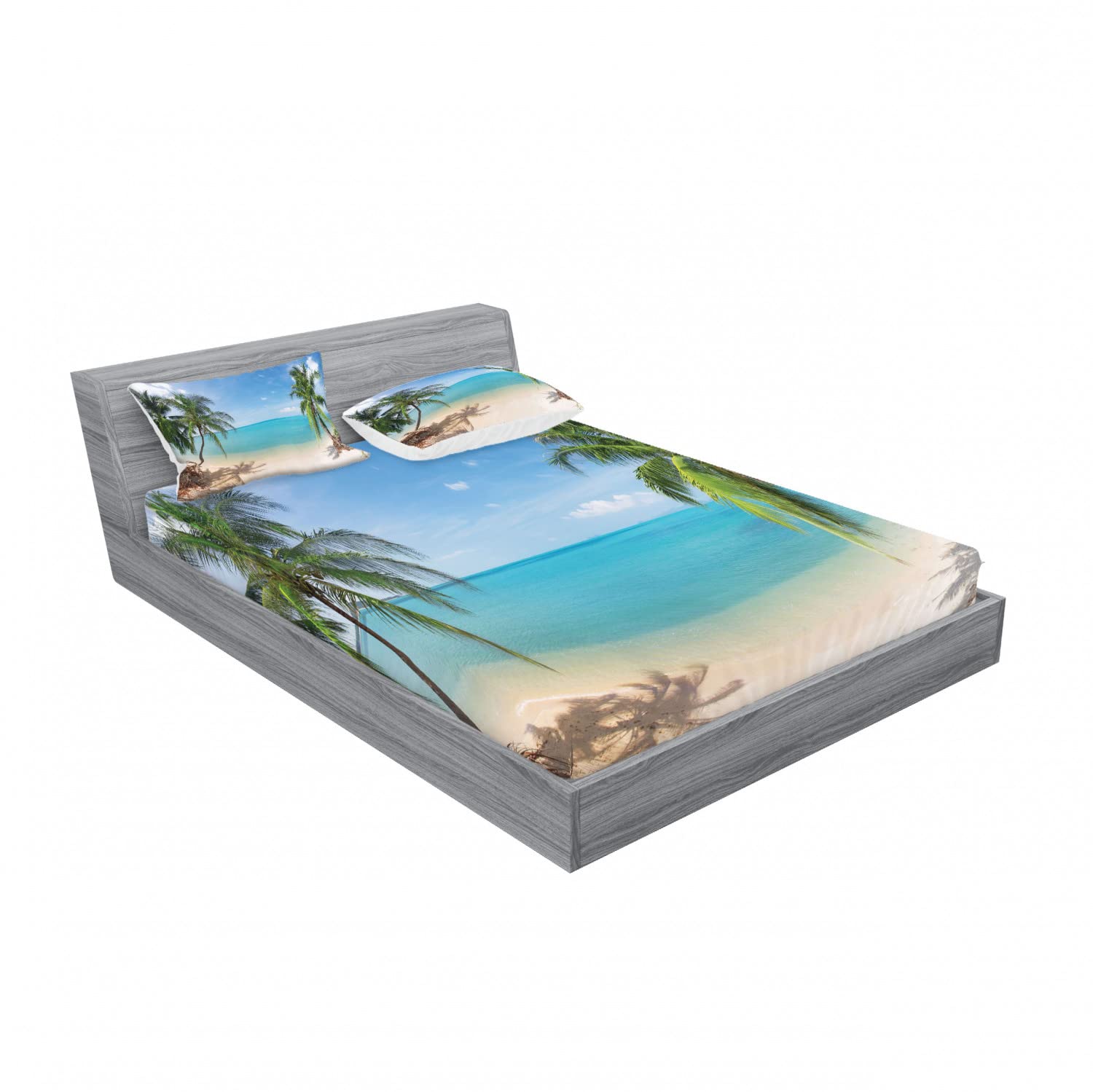 Ambesonne Exotic 2-Pack Full Size Fitted Sheet Set with 4 Pillow Shams - Panoramic Beach View Bedding in Pale Brown & Turquoise - Soft Wrinkle-Resistant Sheets for Guest Rooms, Vacation Homes & Coastal Decor