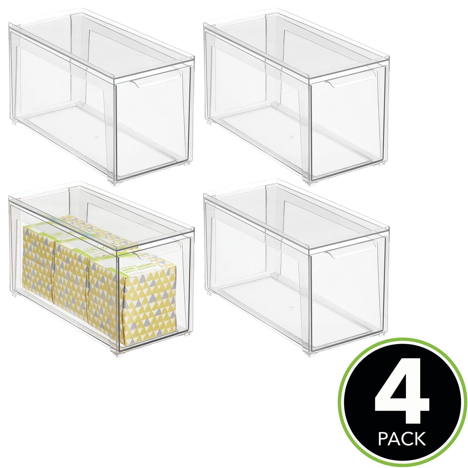 mDesign Clear Plastic Stackable Bathroom Storage Organizer Bins with Front Pull Drawer - 4-Pack for Countertop, Vanity & Closet Organization - Perfect for Makeup, Toiletries & Accessories in Bathroom, Bedroom or Dorm