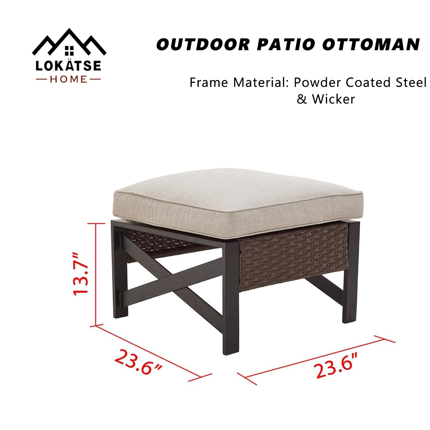 LOKATSE HOME Outdoor Metal Ottoman Patio Rattan Wicker Footstool with Cushion - Brown - Waterproof & Durable Garden Furniture for Poolside, Deck, or Backyard Relaxation
