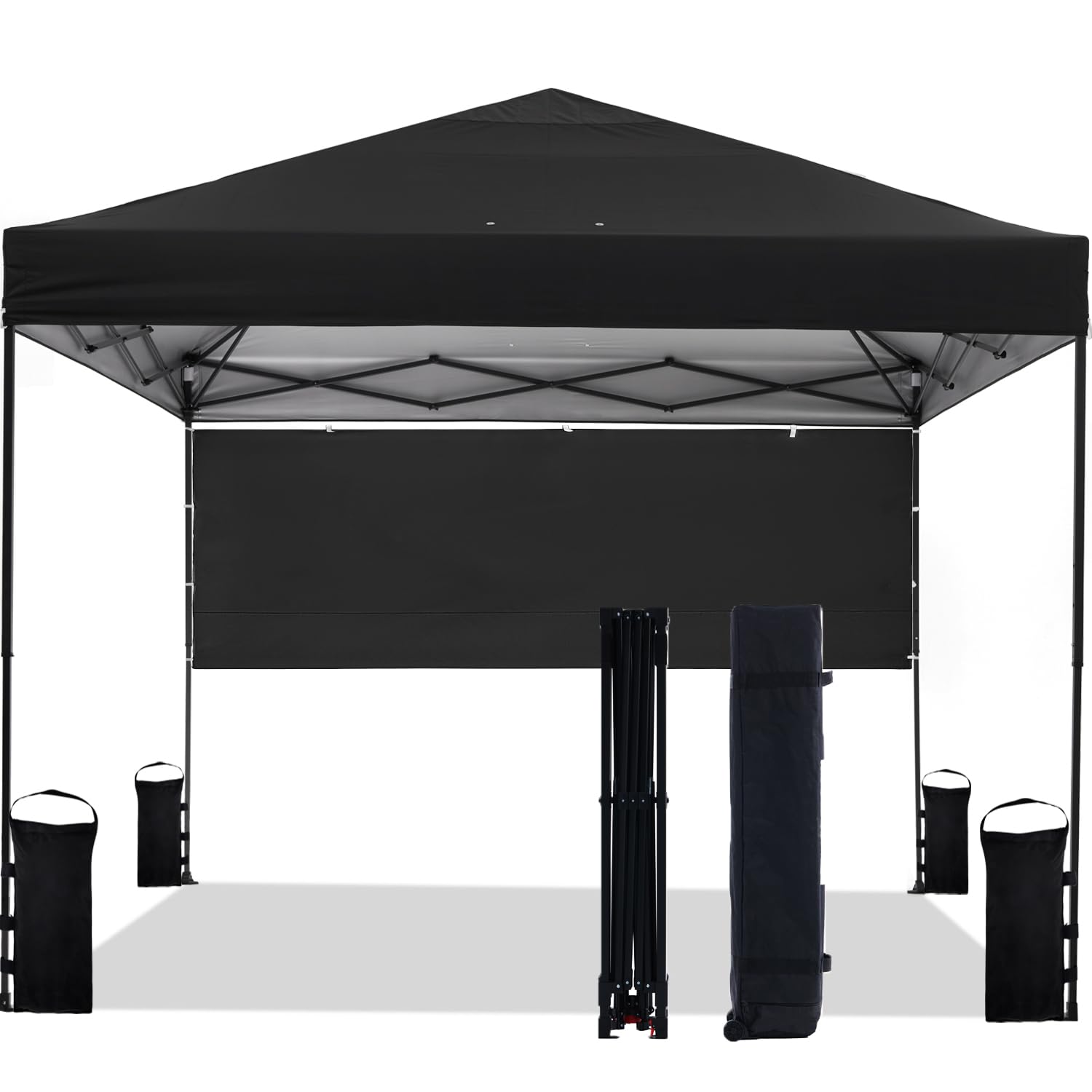 10'x10' Pop Up Canopy Tent with Half Sidewall - Easy 1-Person Setup Instant Shade Shelter for Outdoor Events, Beach, Camping & Parties - Includes Wheeled Carry Bag, Stakes, 4 Ropes & 4 Sandbags (Black) - Perfect for Backyard BBQs, Tailgating & Farmers Markets