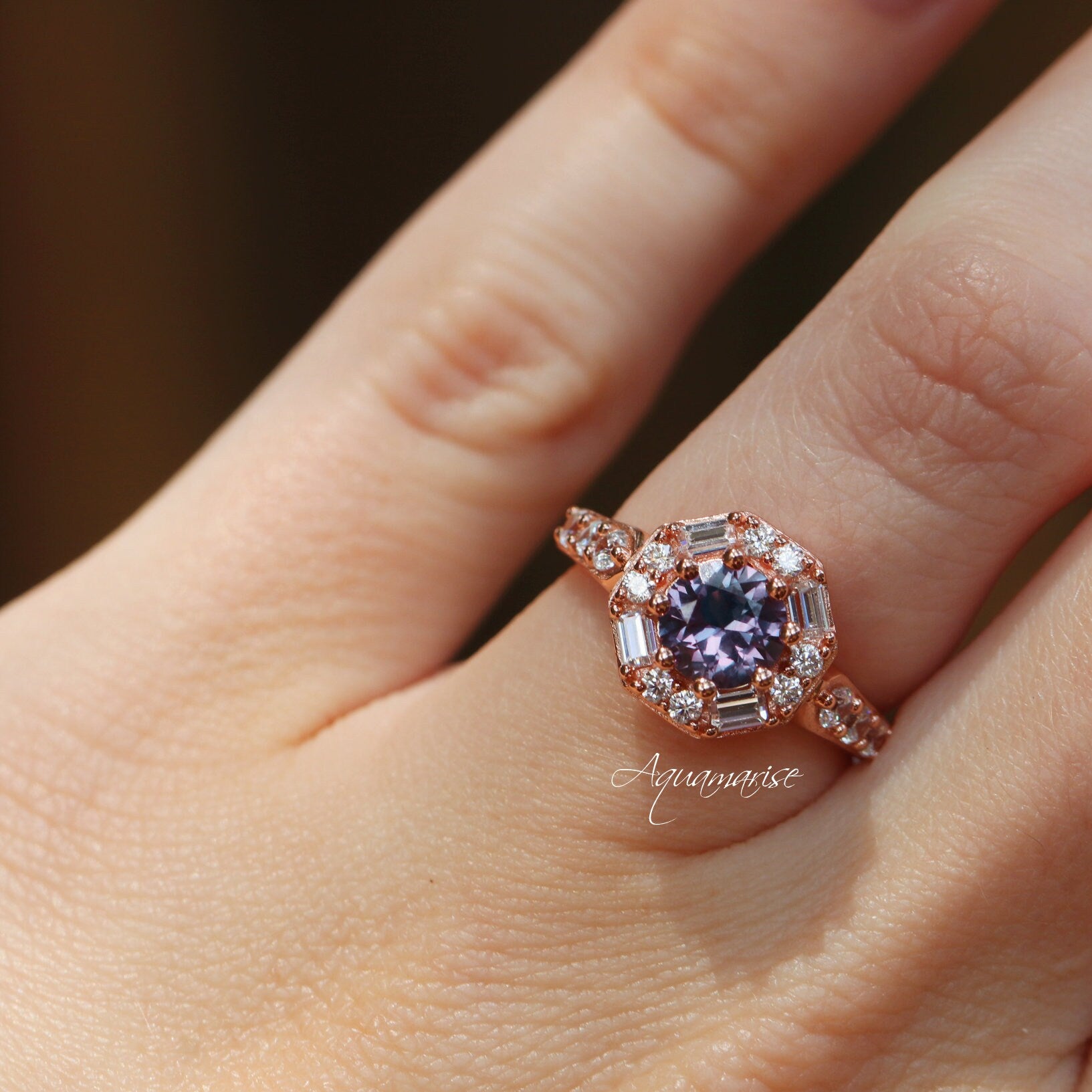 Hexagon Alexandrite Ring 14K Rose Gold Vermeil - Elegant Gemstone Jewelry for Women, Perfect for Weddings, Anniversaries & Special Occasions