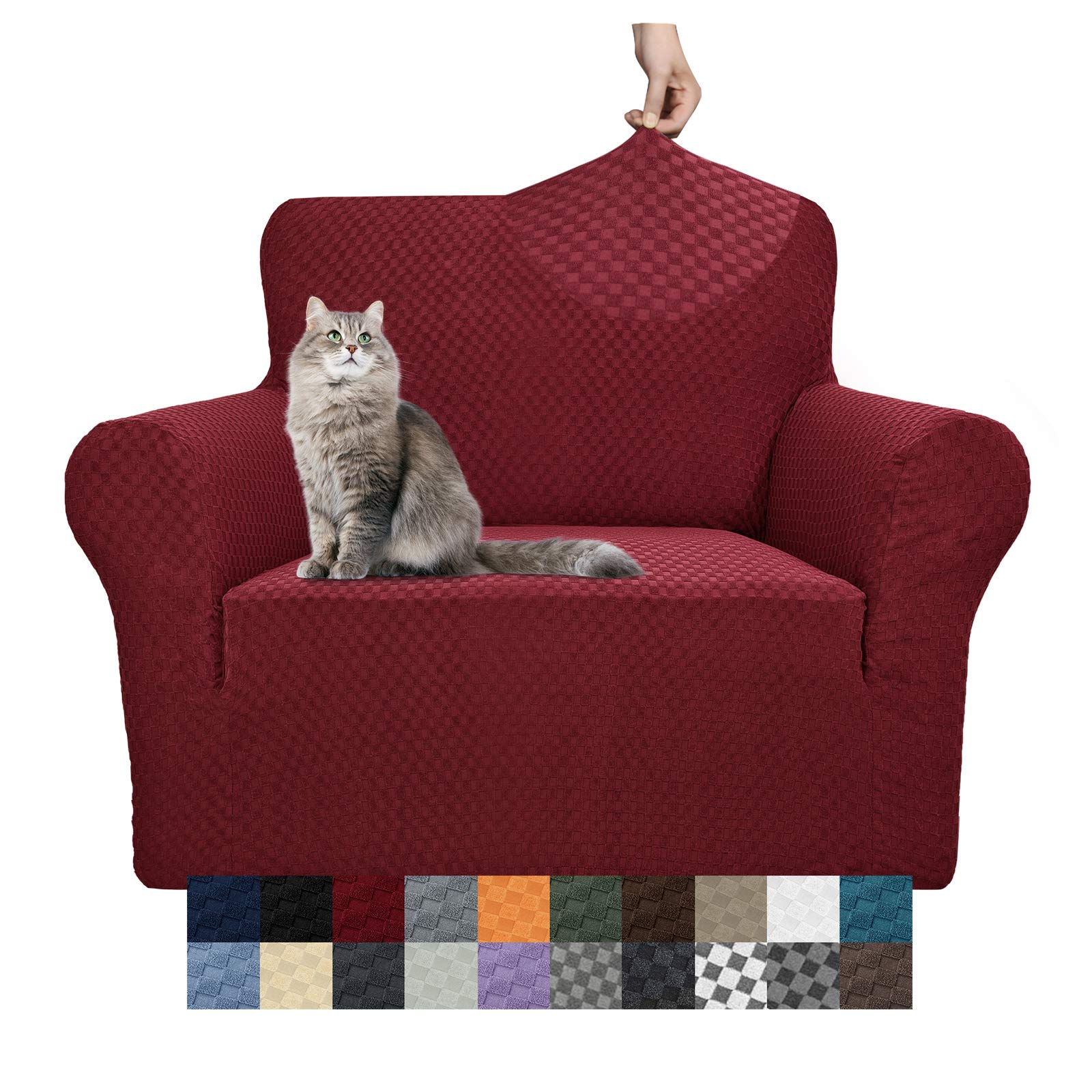 YEMYHOM Jacquard Stretch Sofa Cover - Non-Slip Elastic Furniture Protector for Living Room Chairs, Pet-Proof Armchair Slipcover (Small, Christmas Wine Red) - Perfect for Home Decor, Pet Owners & Holiday Styling