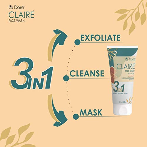 Le Dore Claire 3-in-1 Anti-Acne Clay Face Wash with Zinc PCA, Witch Hazel & Tea Tree Oil - Deep Cleansing, Reduces Breakouts & Blemishes, Rejuvenates Skin - 60g for Oily, Acne-Prone & Sensitive Skin | Perfect for Daily Skincare Routine & Post-Workout Cleansing