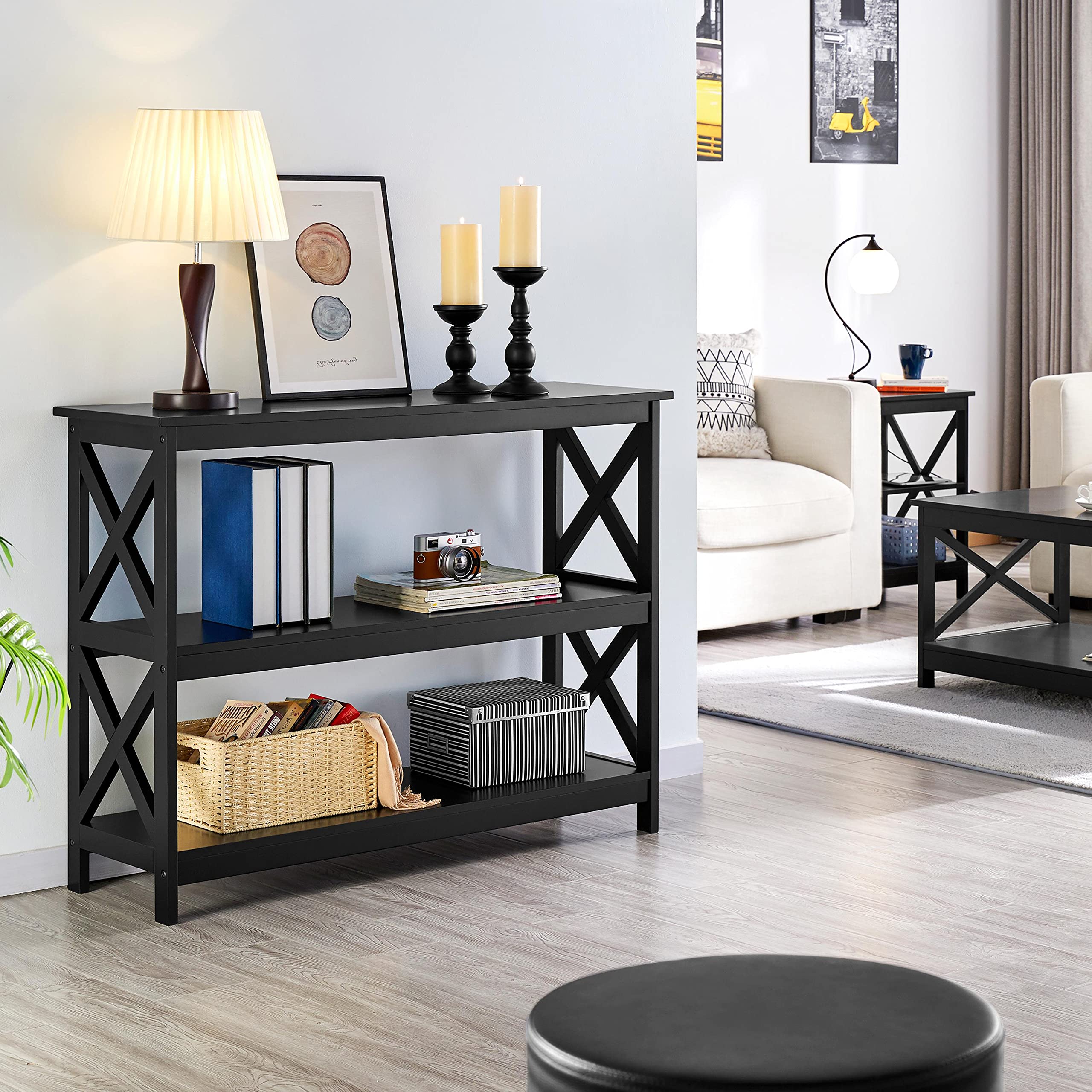 Yaheetech 3-Tier Console Table with Storage Shelves - Narrow Long Entryway Sofa Side Table, Bookshelf for Hallway & Living Room - Black Accent Furniture - Perfect for Small Spaces, Apartment Decor & Home Organization