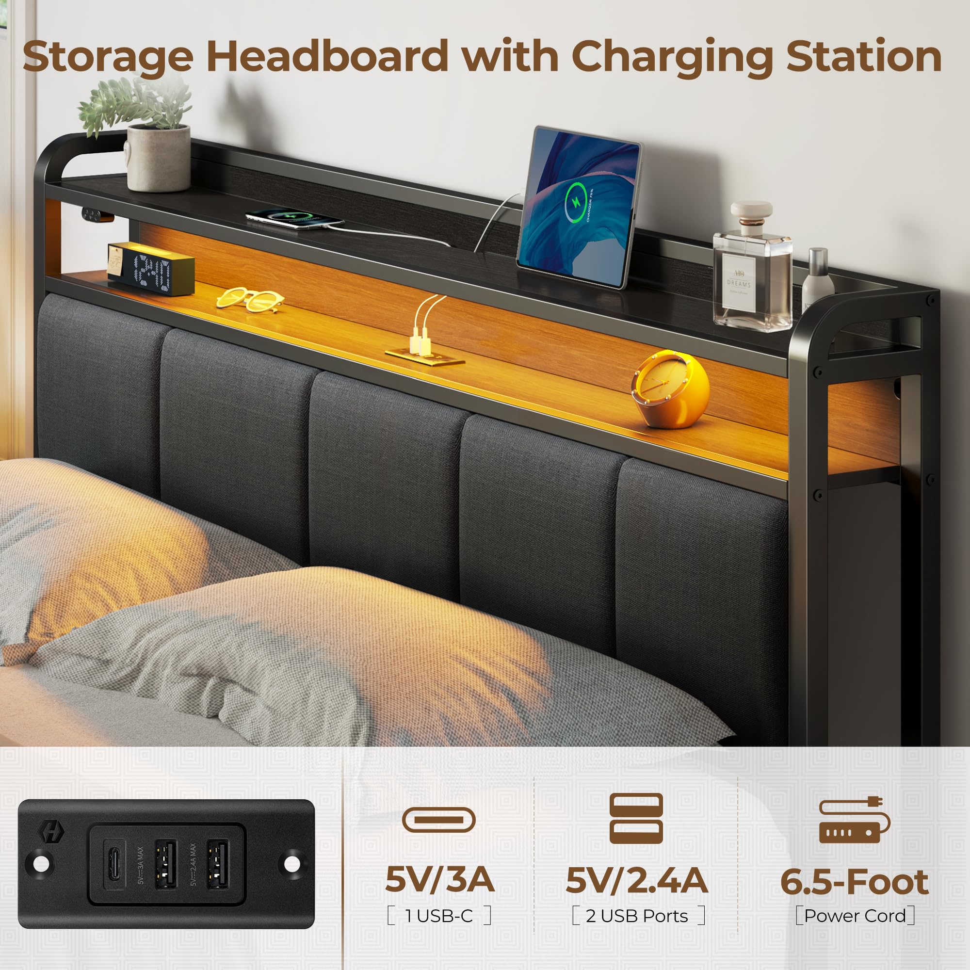 Rolanstar Queen Size Bed Frame with USB Charging Station, LED Lights & Storage Headboard - Heavy Duty Metal Slats, No Box Spring Needed, Noise Free & Easy Assembly - Dark Grey Upholstered Bed for Modern Bedrooms, Guest Rooms & Small Apartments
