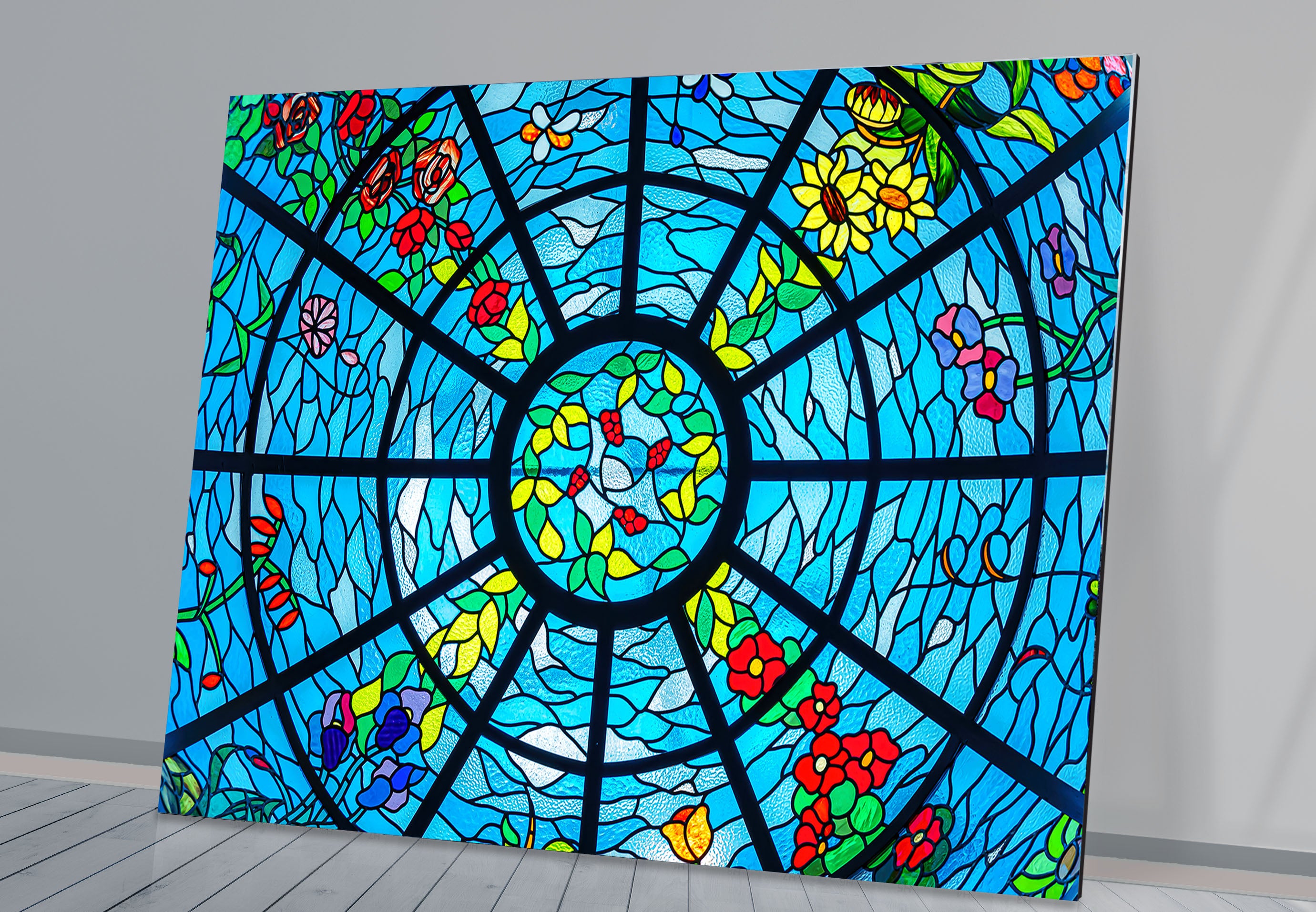 Blue Stained Glass Wall Art - Vibrant Floral & Ocean Window Design for Home & Office Decor | Perfect for Living Room, Bedroom, or Office Wall Decorations