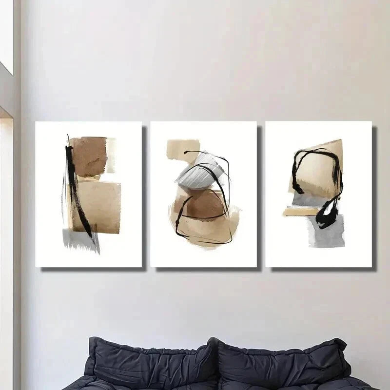 3-Piece Abstract Brown Grey Black Wall Art Set - Framed Canvas Paintings 50x70cm | High Quality Australian Made Prints | Ready to Hang for Living Room, Bedroom & Office Decor