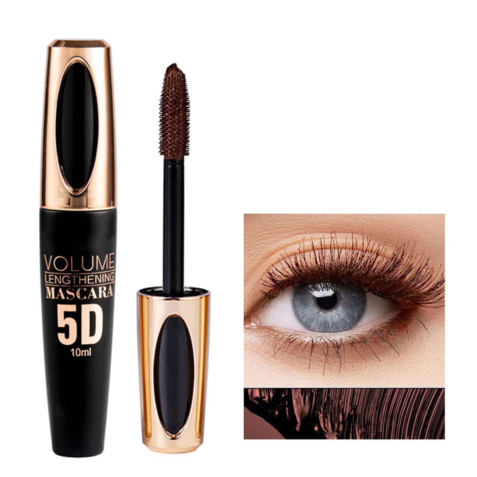 5D Waterproof Brown Mascara for Long Lasting Volumizing & Lengthening Eyelashes - Smudge-Proof Silk Fiber Mascara for Thick, Curly Lashes - Perfect for Party, Stage & Everyday Makeup Looks