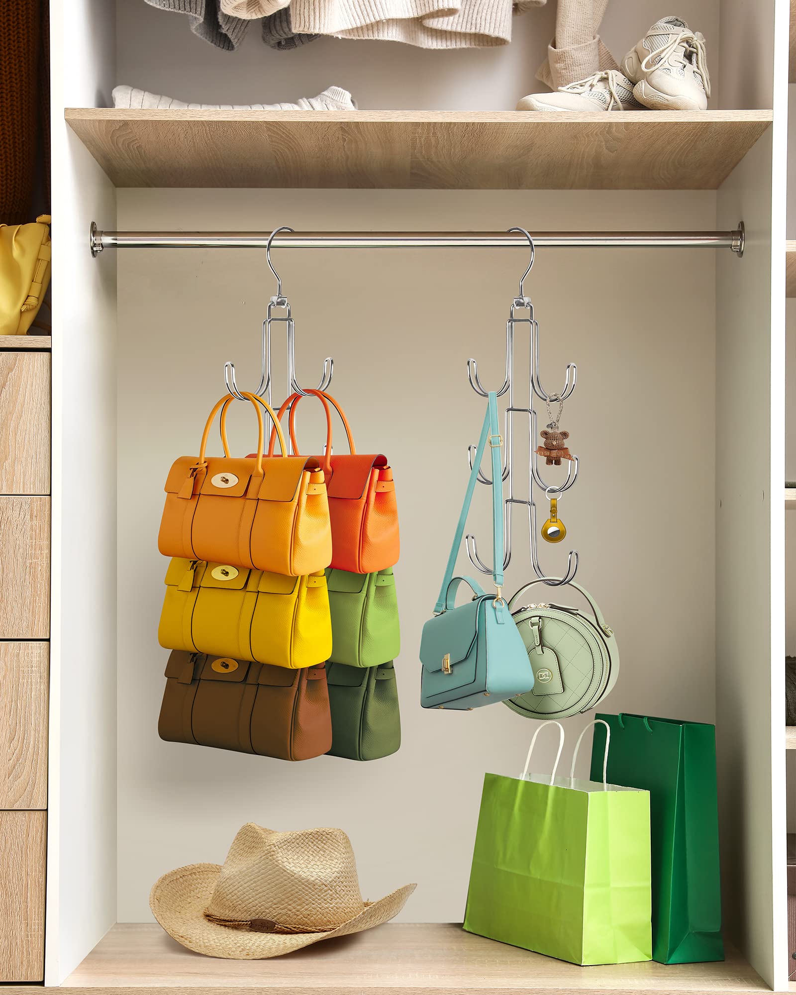 Myfolrena Metal Purse Hanger Organizer for Closet - Space Saving Bag Storage Hook for Hanging Handbags, Belts, Scarves, Totes, Hats, Clothes & Ties (Silver) | Perfect for Closet Organization, Bedroom Storage & Small Space Living