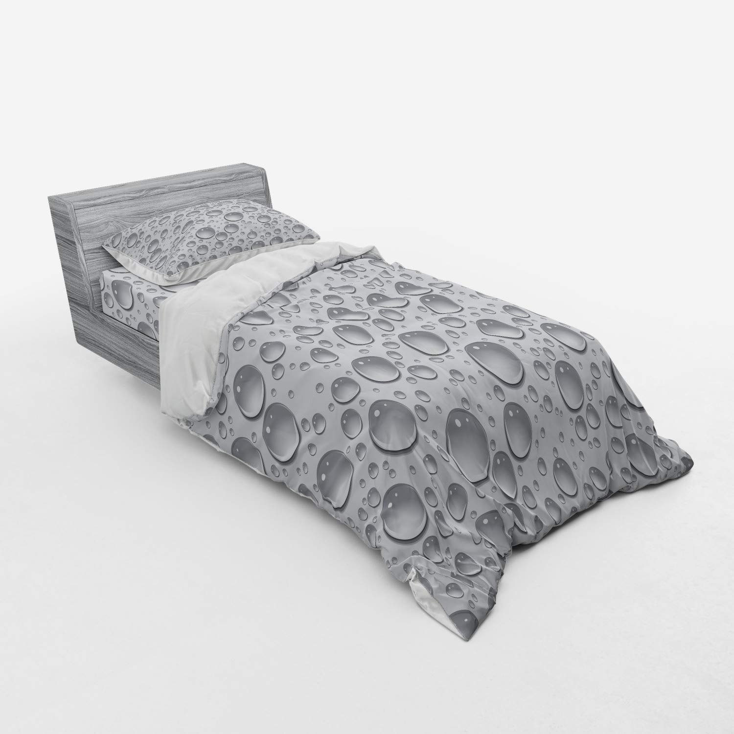 Ambesonne Grey 3-Piece Bedding Set - Small & Large Bubbles Water Pattern, Monochrome Aquatic Design, Twin Size Duvet Cover with Sham & Fitted Sheet | Refreshing Minimalist Bedroom Decor for Teens & Adults
