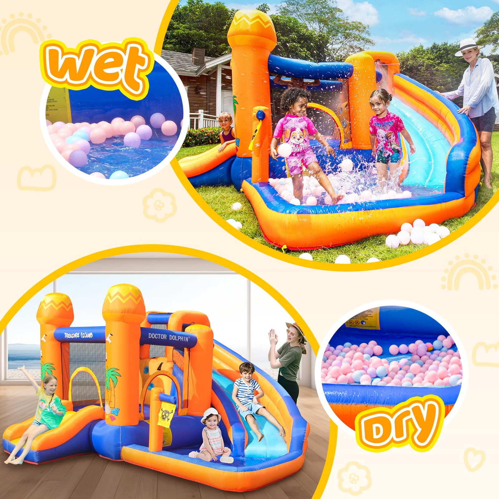 **Doctor Dolphin Inflatable Water Slide for Kids - Bounce House with Blower, Wet & Dry Bouncy Slide & Splash Pool - Outdoor Water Park for Backyard, Birthday Parties & Summer Fun**