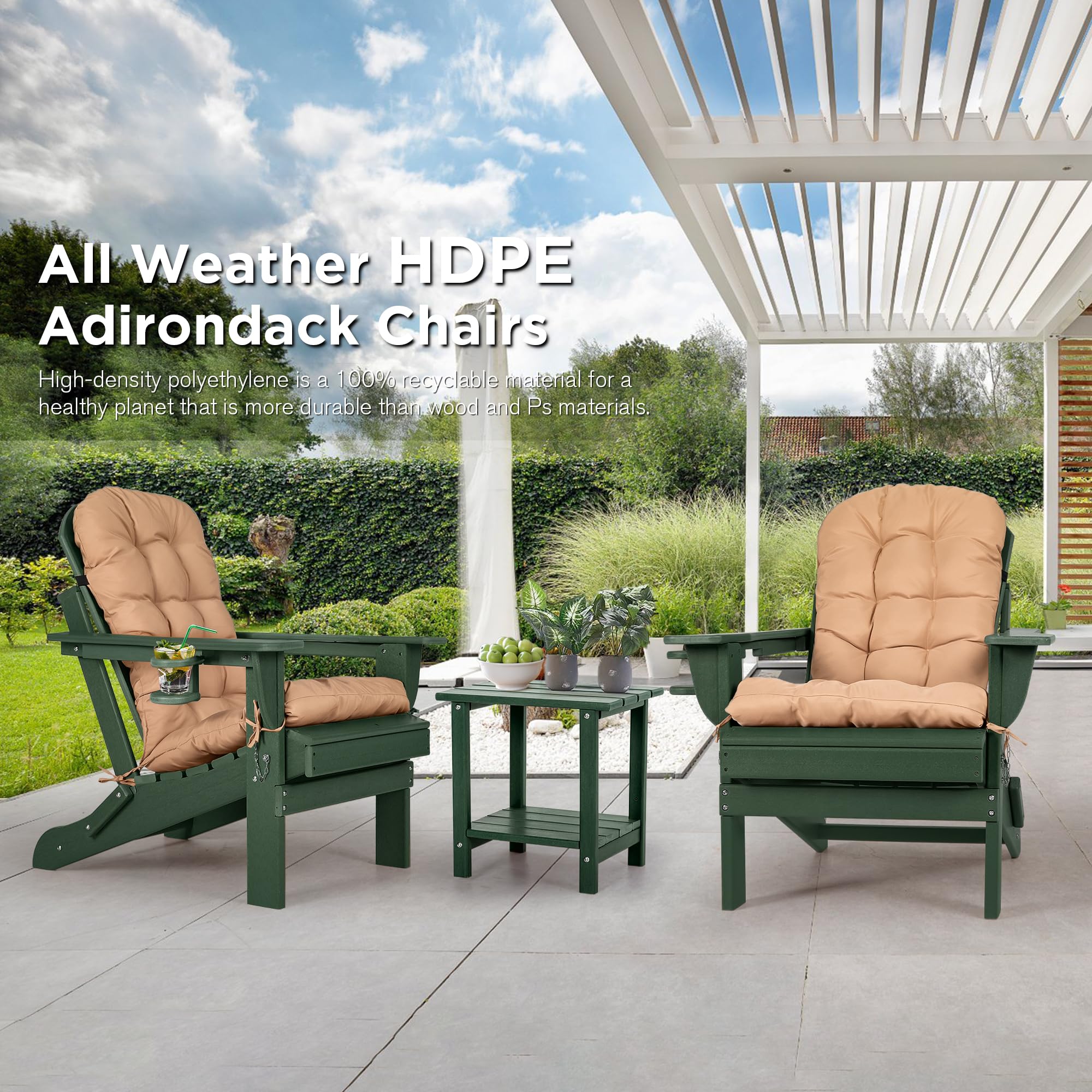 Nalone 2-Pack Folding Adirondack Chairs with Cushions & Cup Holders - HDPE Plastic Oversized Weather-Resistant Outdoor Patio Chairs for Backyard, Deck, Garden, Fire Pit, Camping & Poolside (Green)