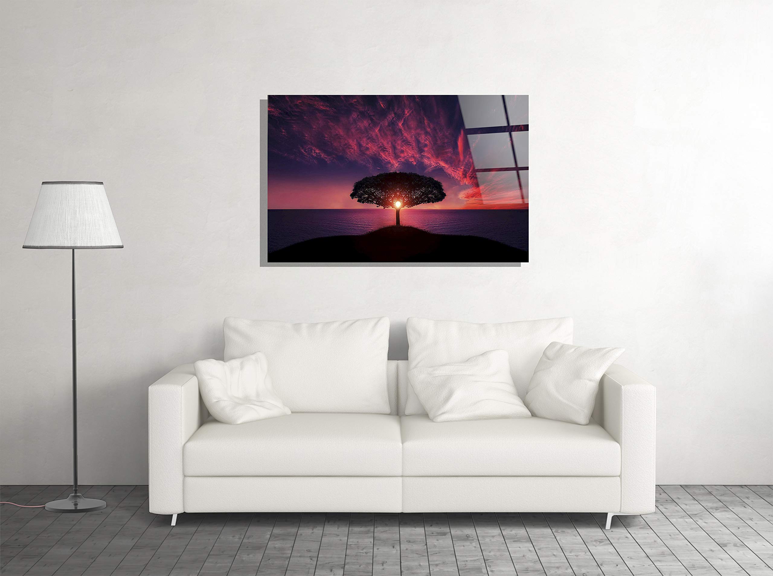 Lonely Tree Island Sunset Landscape Tempered Glass Wall Art - 24x36 Inch Nature Scene Home Decor, Office & Hotel Modern Art Gift | Perfect for Living Room, Bedroom & Workspace Decorations