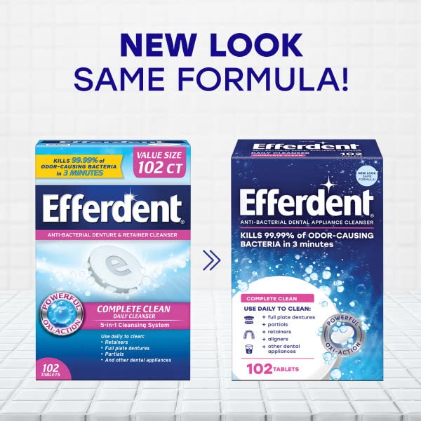 Efferdent Retainer & Denture Cleaning Tablets - 102 Count (Pack of 4) | Complete Clean for Dental Appliances | Perfect for Retainers, Night Guards, Mouth Guards & Dentures | Fresh Breath & Stain Removal