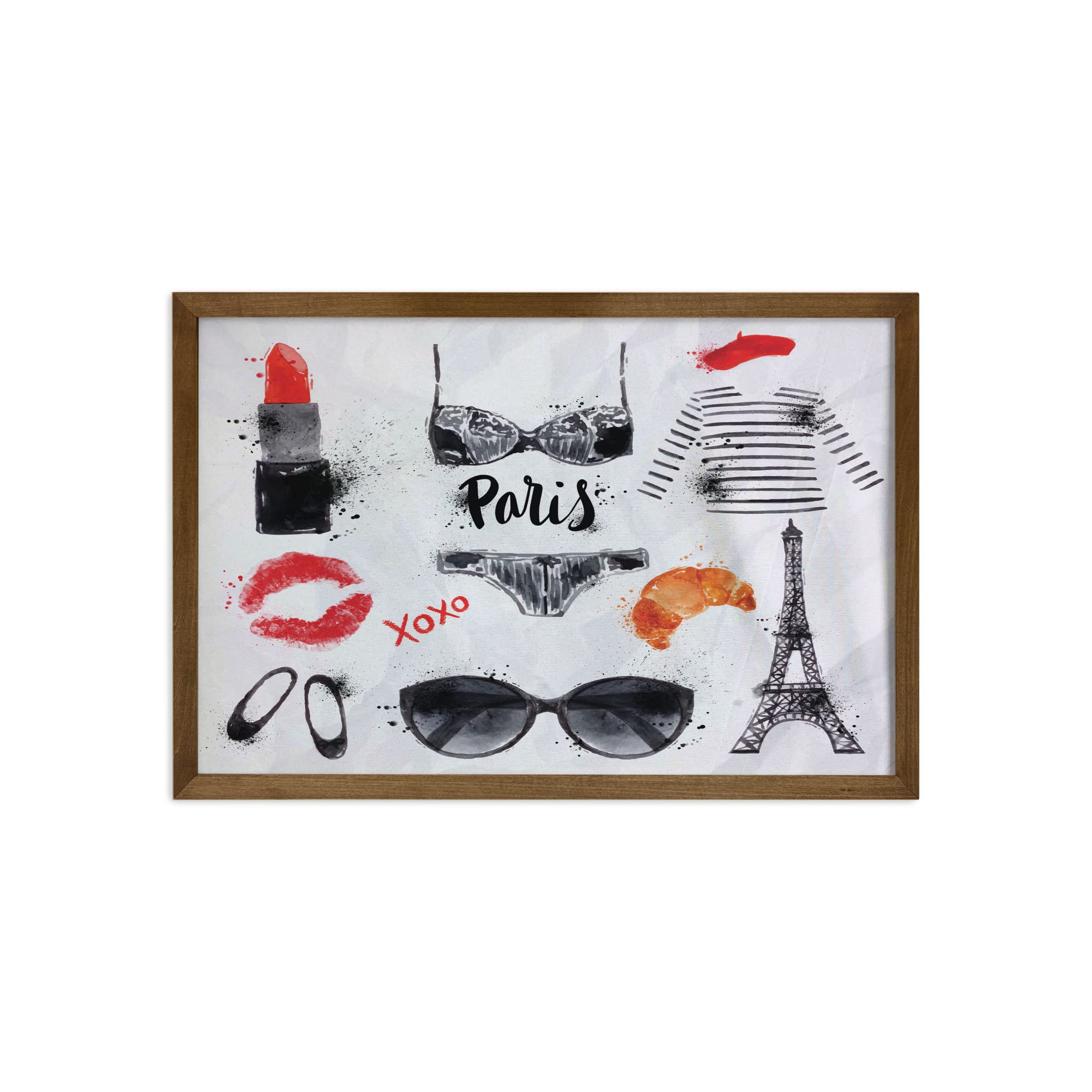 Lunarable Paris Themed Framed Wall Art - Eiffel Tower, Glasses, Lipstick, Shoes & Lingerie Fabric Decor with Teak Wood Frame - 35