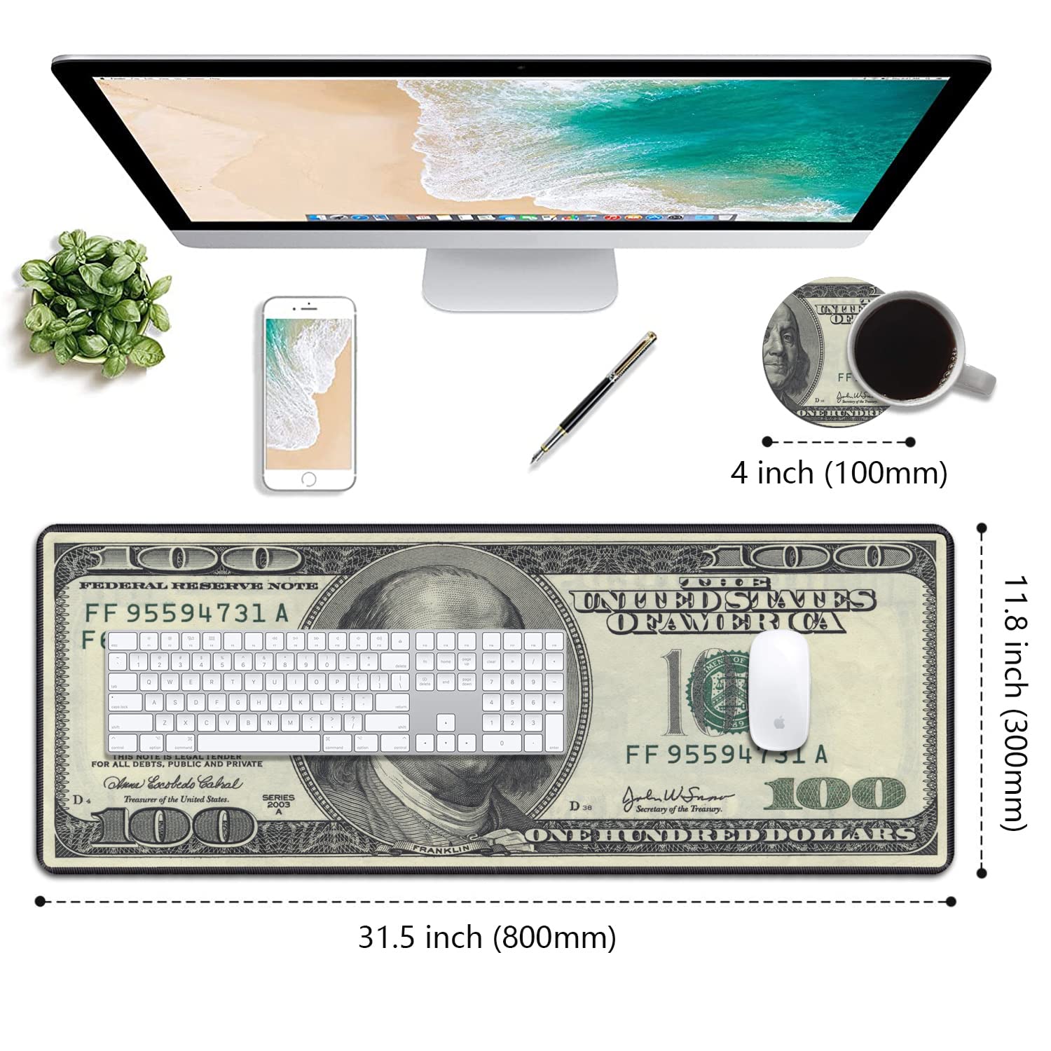 XXL Gaming Mouse Pad 31.5x11.8 Inches - Non-Slip Desk Mat with Stitched Edges for Keyboard & Mouse - Perfect for Home Office, PC Gaming & Work Setup - Includes Coasters (100 Dollar Bill Design)