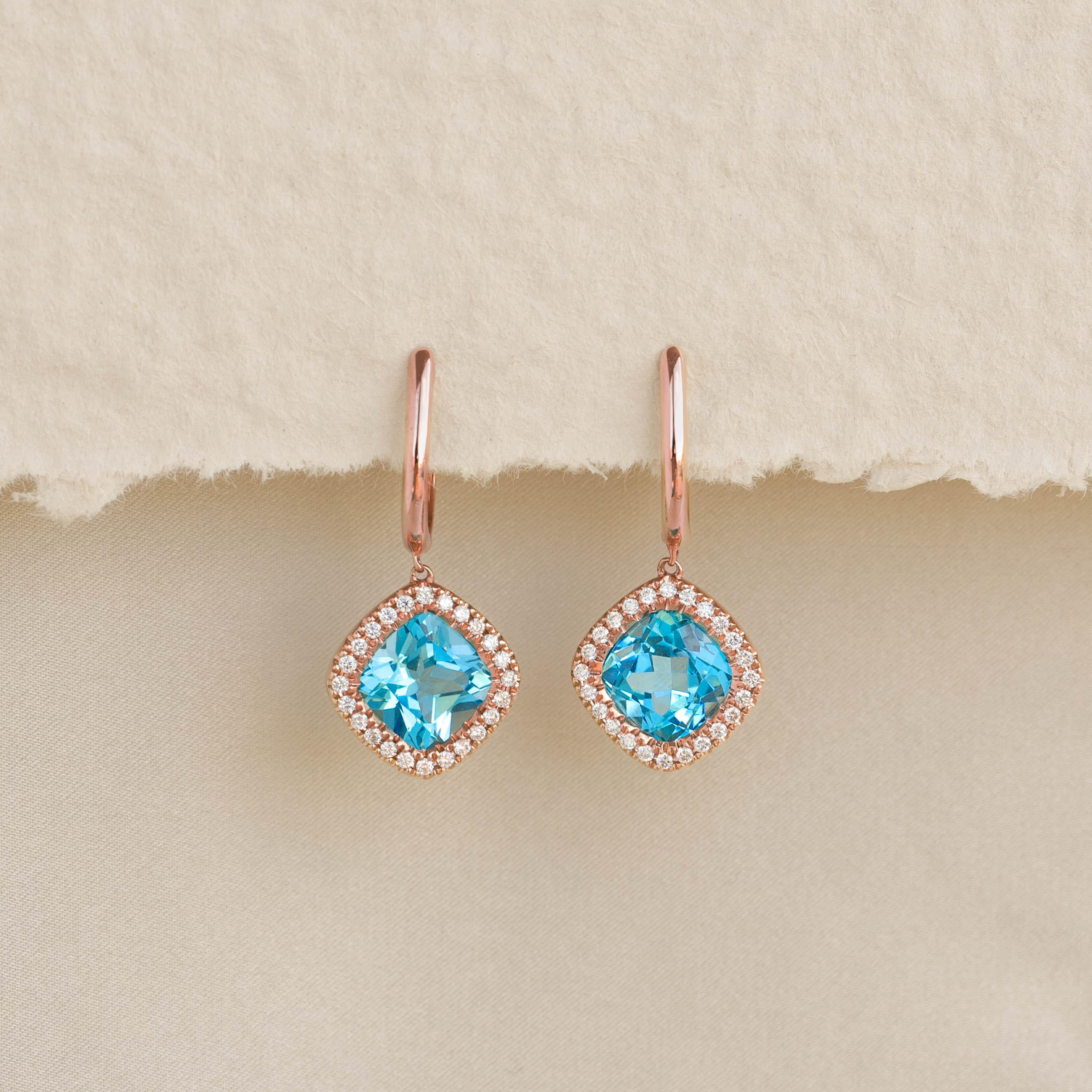 Stunning Swiss Blue Topaz & Diamond Halo Drop Earrings in Rose Gold - Elegant Elvira Design for Weddings, Parties & Special Occasions