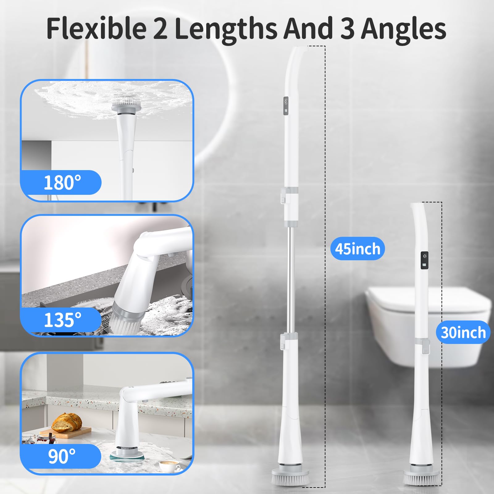 Electric Spin Scrubber with Long Handle - 8 Replaceable Heads & Battery Display - 2 Speed Adjustable Cleaning Brush for Shower, Tub, Tile, Floor - Perfect for Bathroom Deep Cleaning & Hard Water Stain Removal