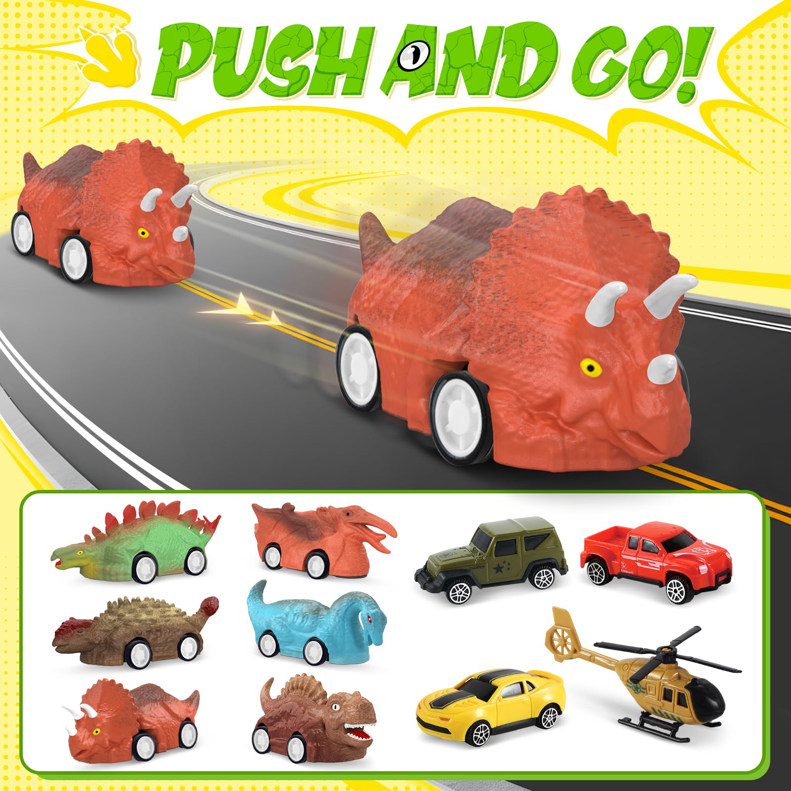 SpringFlower 11-in-1 Dinosaur Toy Truck Set with 10 Pull Back Cars - Interactive Light & Sound Dinosaur Toys for Kids Ages 3-5 - Perfect Birthday Gift for Toddler Boys - Great for Pretend Play, Outdoor Adventures & Learning About Dinosaurs