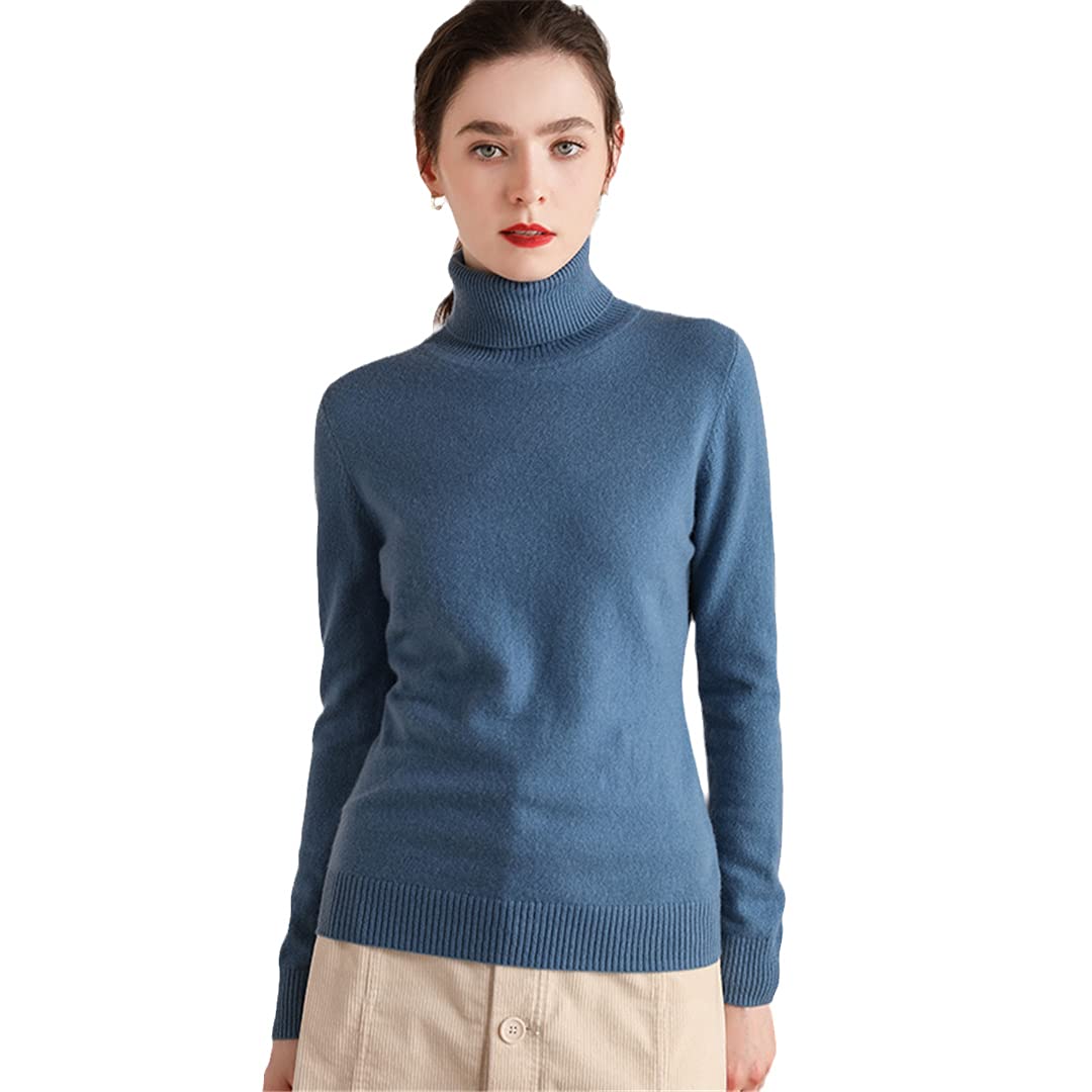 100% Pure Cashmere Women's Turtleneck Sweater - Long Sleeve Winter Knit Jumper for Women, Soft & Warm Thickened Pullover in Haze Blue - Perfect for Office, Travel & Cold Weather Outfits