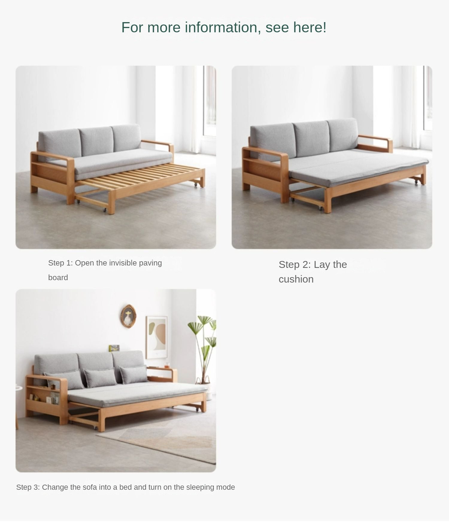 Solid Oak & Beech Wood Sleeper Sofa - Convertible Couch Bed for Living Room, Guest Room & Small Spaces - Durable & Stylish Furniture for Home & Office