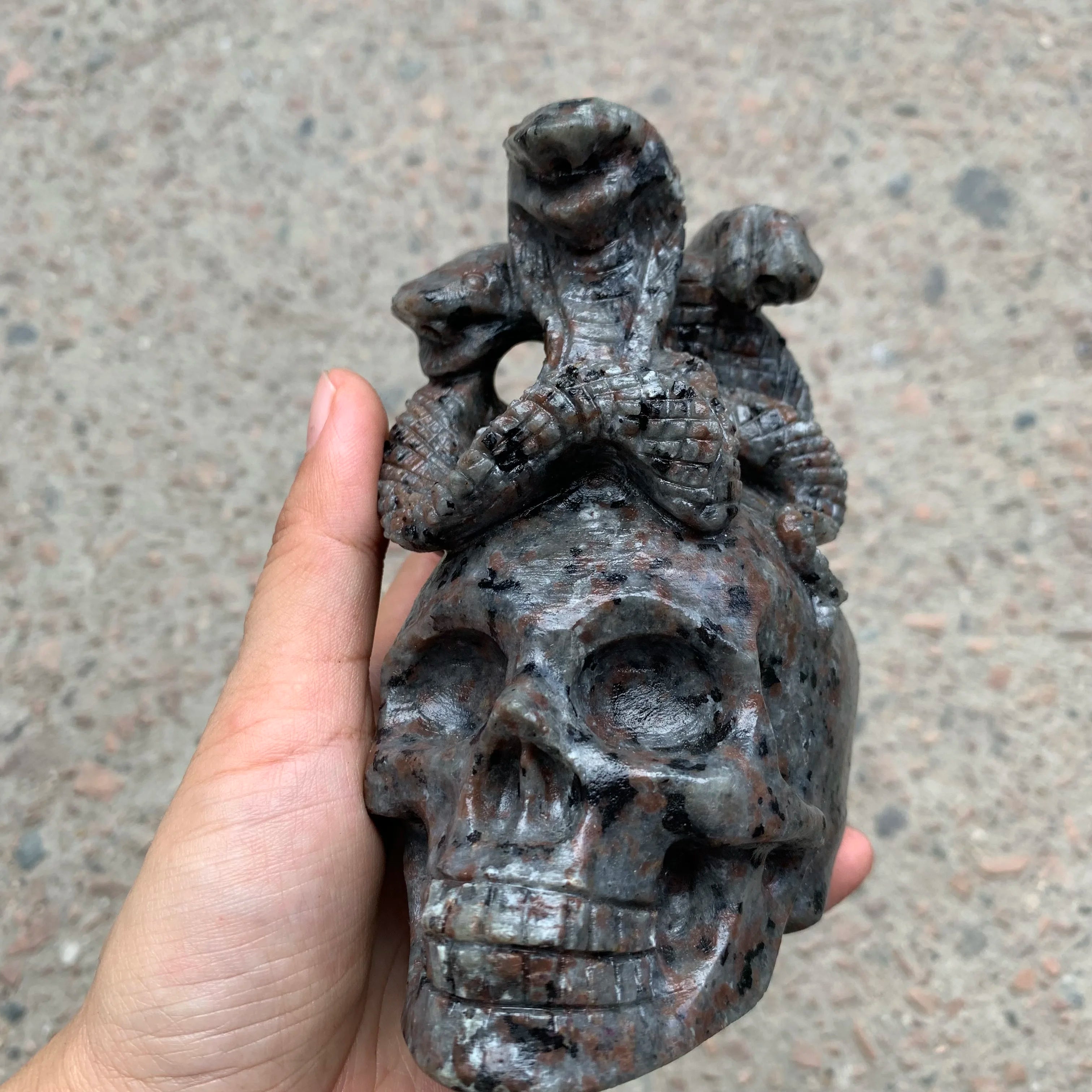 Natural Yooperlite Stone Carved Skull with Snake-Shaped Crystal - Handcrafted Statue for Home Decor, Office Display & Spiritual Healing