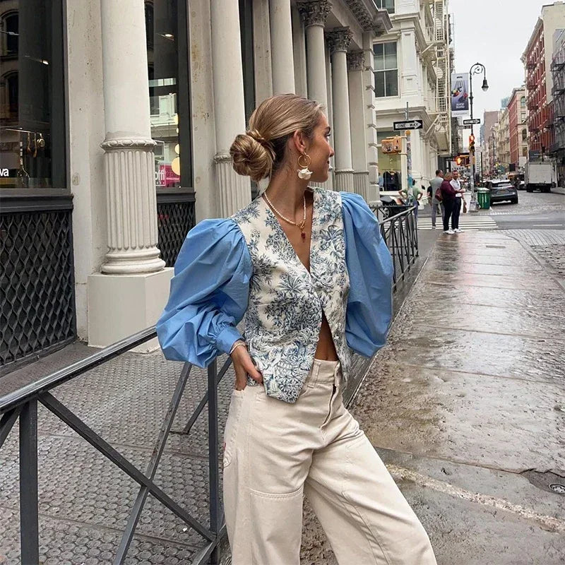 Women's Fashion Print Lantern Sleeve Shirt - Loose Fit Button Down V-Neck Split Top - Summer Patchwork Blue Streetwear Blouse for Casual Outings & Boho Style