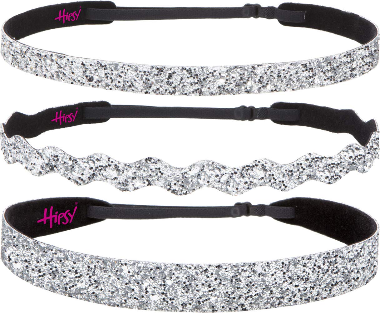 Sparkly Bling Headbands for Women, Girls & Teens - Adjustable No-Slip Petite Size 3-Pack (Silver Glitter Mix) - Perfect for School, Parties, and Everyday Fashion Accessories