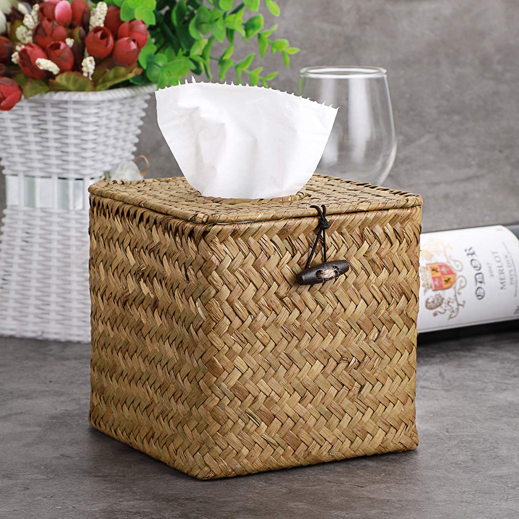 Sumnacon Square Seagrass Tissue Box Cover with Lid - Woven Rustic Cube Tissue Holder for Bathroom, Bedroom, Living Room, Kitchen, Office & Car - Perfect for Home Decor and Gift Giving (Yellow)
