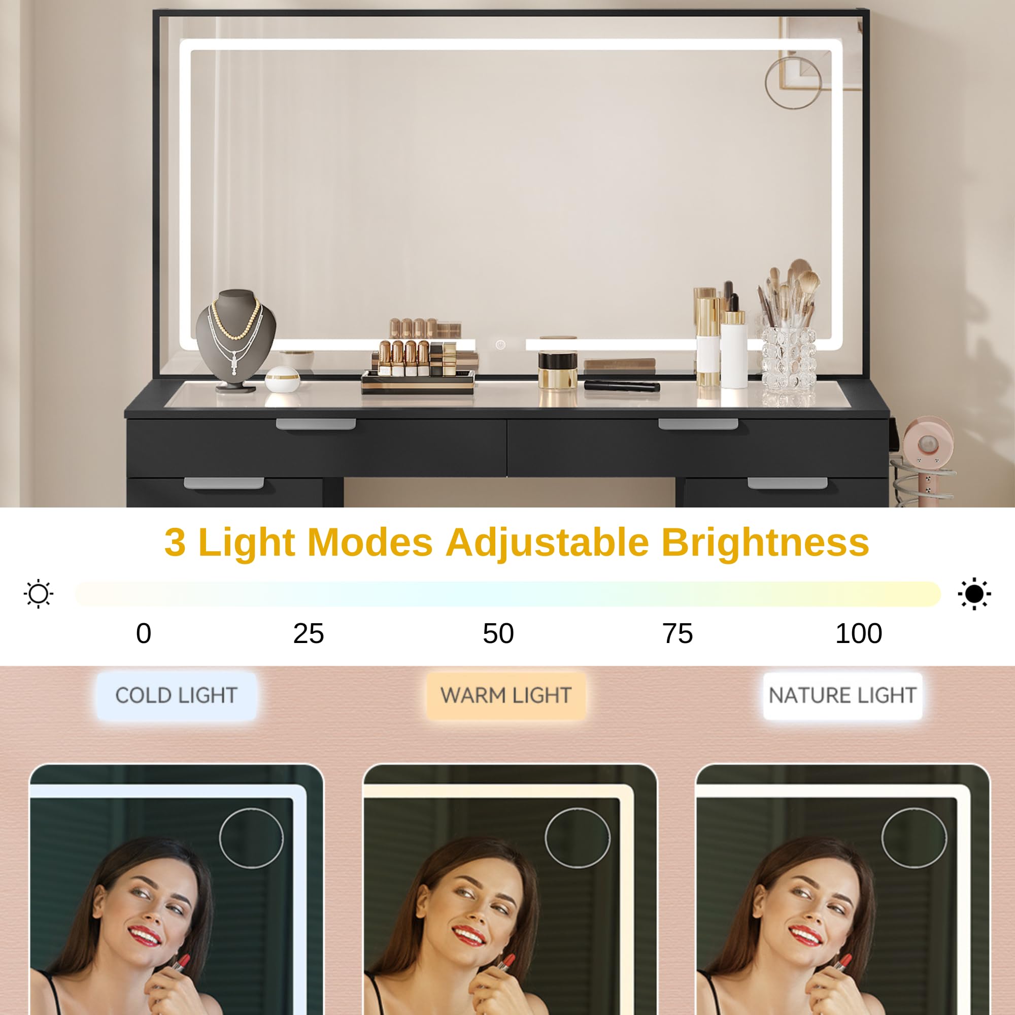 DWVO Vanity Desk Set with Large LED Lighted Mirror & Power Outlet - Glass Top Makeup Vanity with 10 Drawers, Magnifying Glass - 3 Color Modes, Adjustable Brightness - Includes Storage Bench | Perfect for Bedroom, Dressing Room & Beauty Salon Makeup Organization