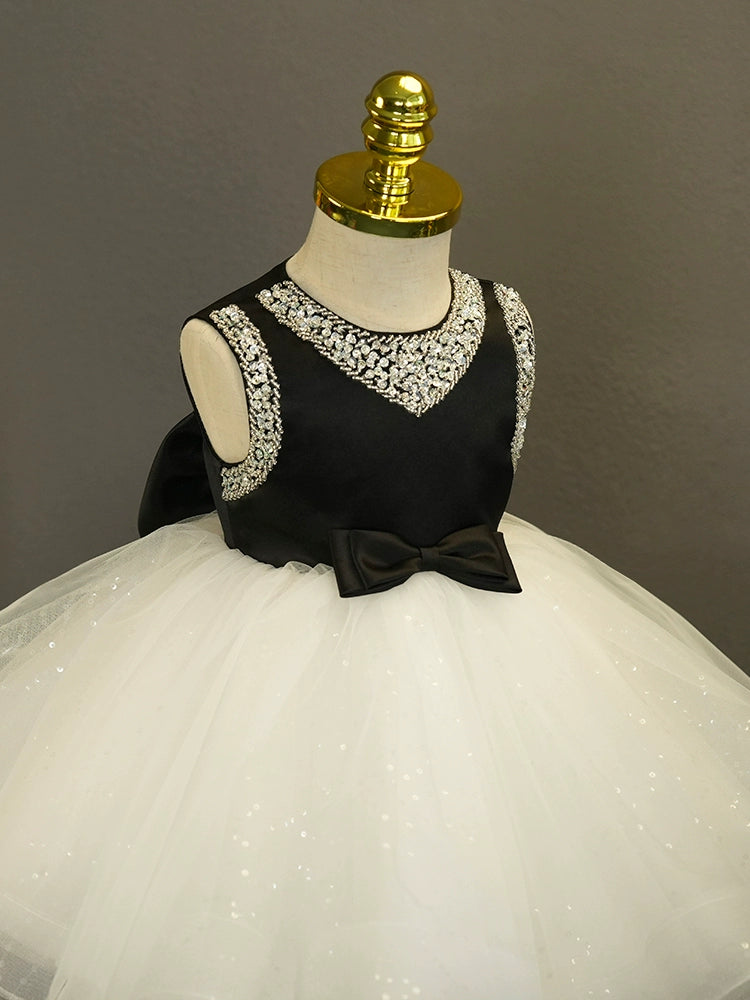 Black Princess Round Tea Length Satin Flower Girl Dress for Weddings, Flower Girls & Special Occasions