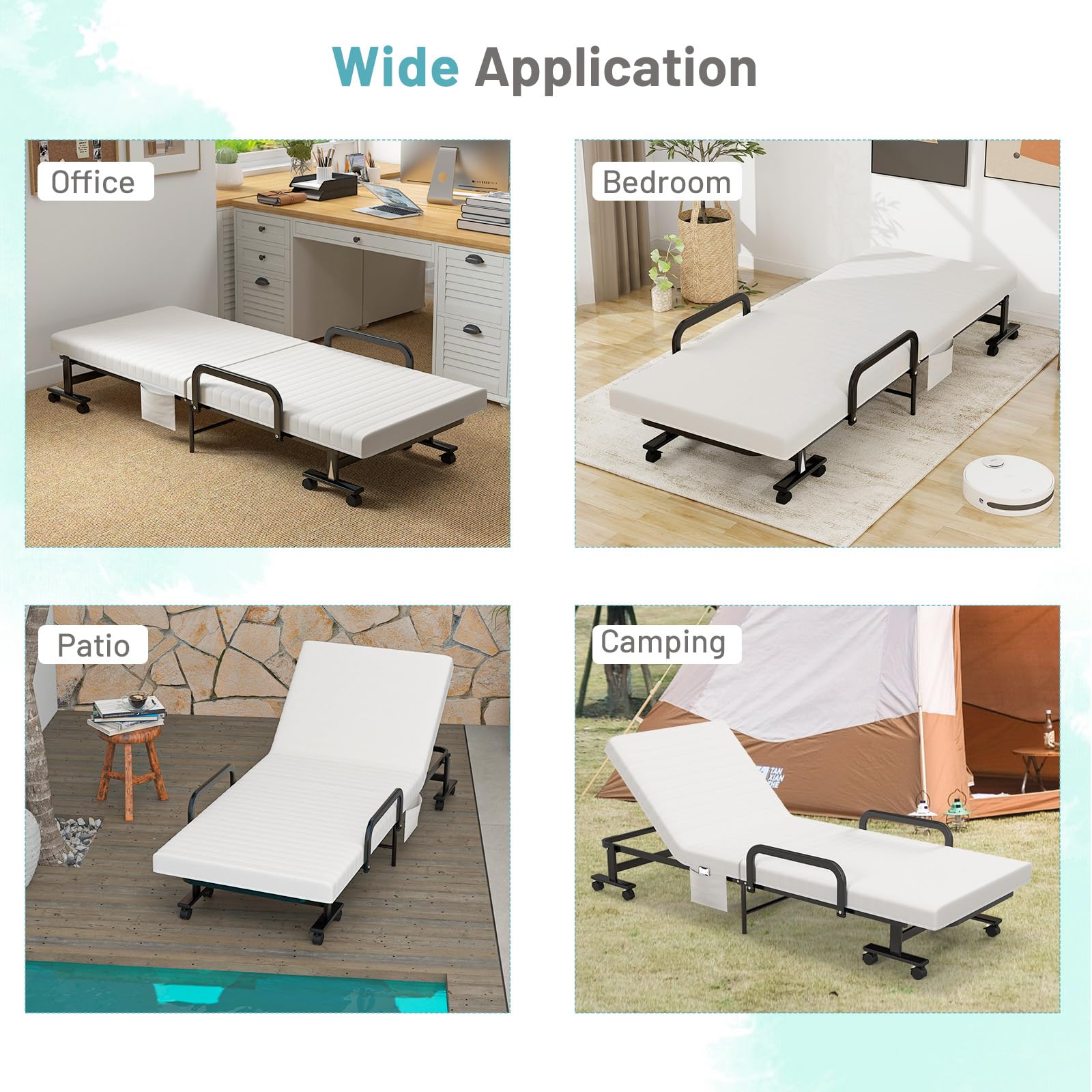 KOMFOTT Folding Rollaway Bed with Mattress for Adults & Guests - 6 Position Adjustable Backrest, Reinforced Steel Frame, Side Storage Pocket (75.5