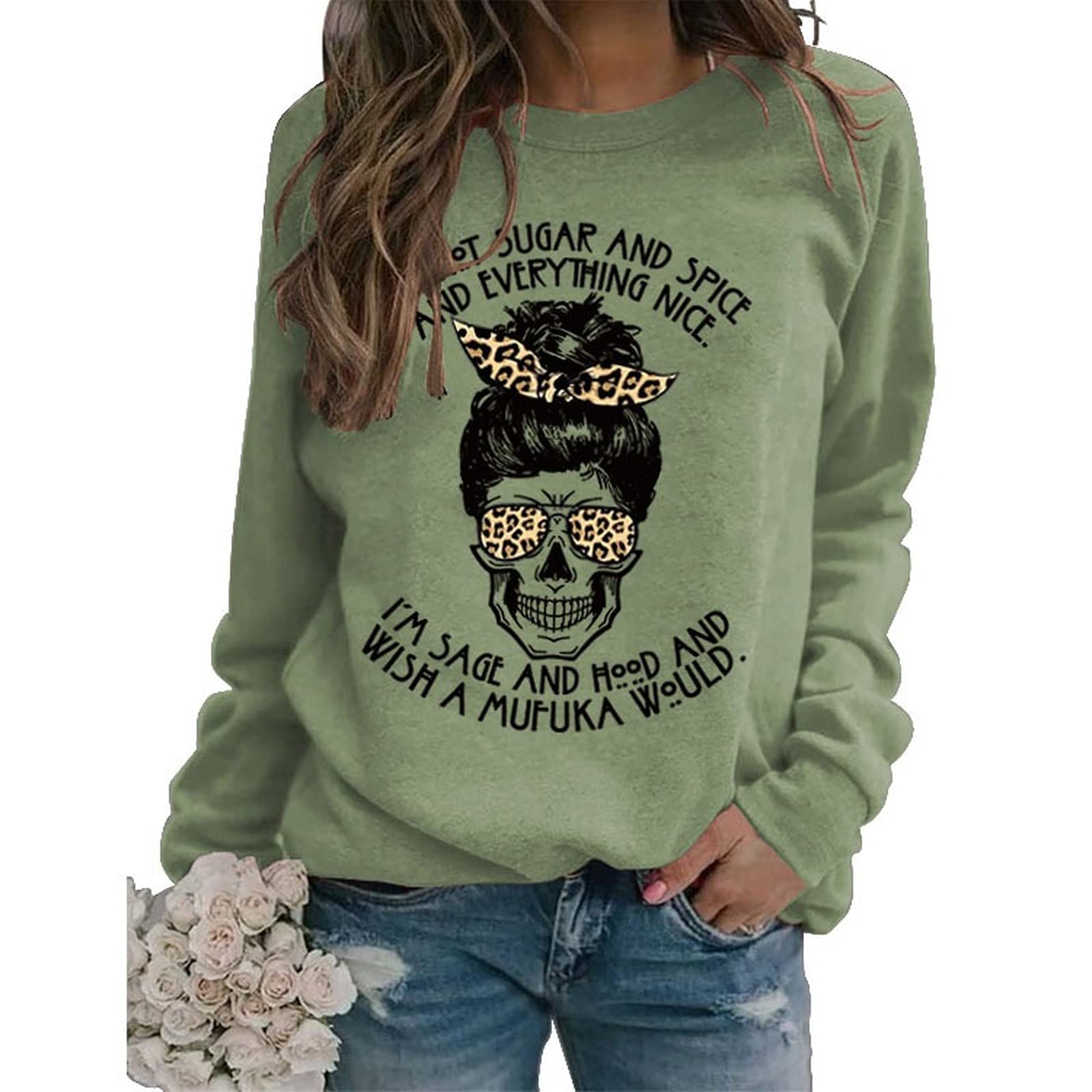 YourTops Women's Skeleton Halloween Shirt - 'I Am Not Sugar and Spice' Gothic Sweatshirt | Spooky Costume Top for Halloween Parties, Cosplay & Alternative Fashion