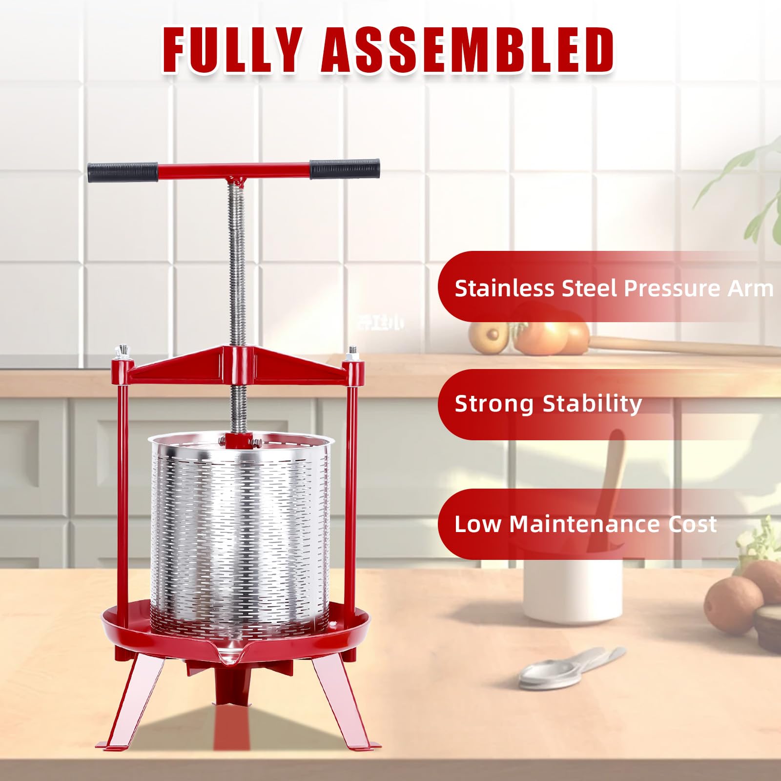 3.69 Gallon Stainless Steel Fruit Wine Press - Heavy Duty Manual Cider Press with T-Handle & Stable Tripod Base - Perfect for Home Brewing, Apple Cider Making, Grape Crushing - Great for Kitchen, Outdoor, Winemaking & DIY Beverage Production