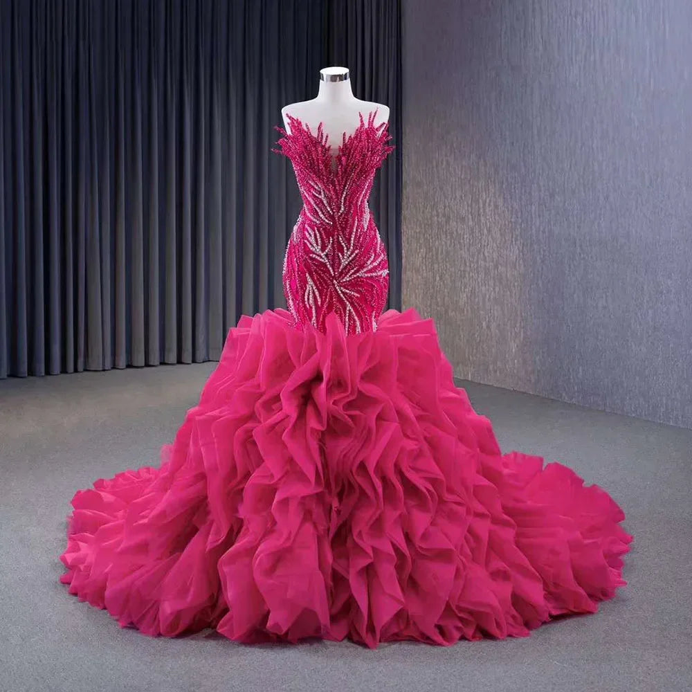 Luxury Fuchsia Lace Up Pearl Beaded Mermaid Wedding Dress - Serene Hill 2025 Custom Made Bride Gown HM231040 | Perfect for Beach Weddings, Formal Ceremonies & Red Carpet Events