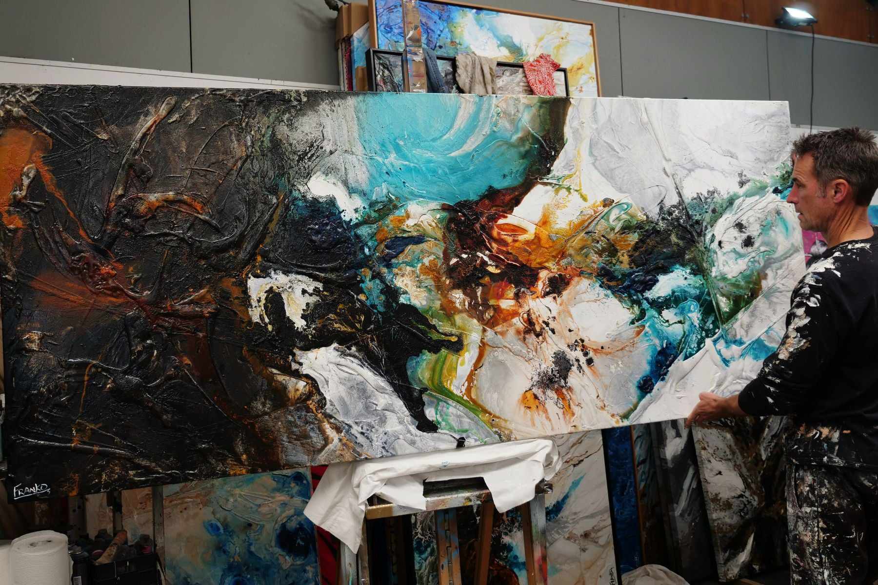 240cm x 100cm Black White Teal Textured Abstract Canvas Wall Art - Modern Natural Potion Painting for Living Room, Bedroom & Office Decor