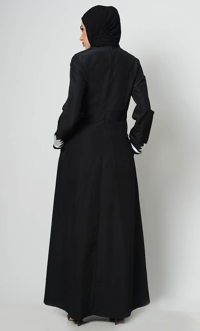 Elegant Black Contrast Embroidered Abaya Dress for Women - Perfect for Ramadan, Eid, and Special Occasions