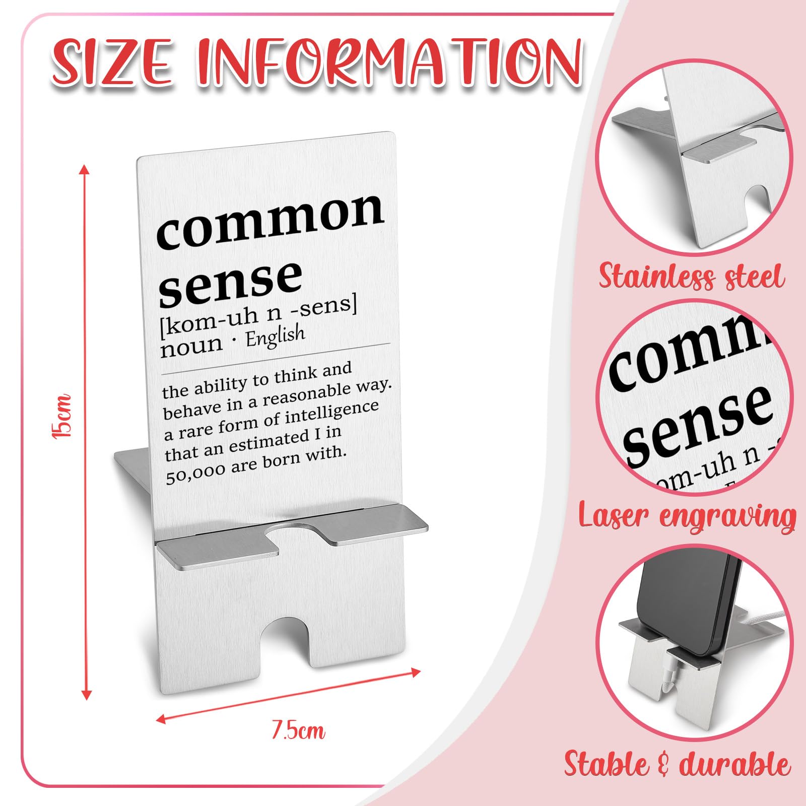 Funny Common Sense Definition Metal Phone Stand for Desk - Unique Gift for Women, Men, Boss, Coworkers & Friends - Cute Desktop Cell Phone Holder for Office, Home & Car Use
