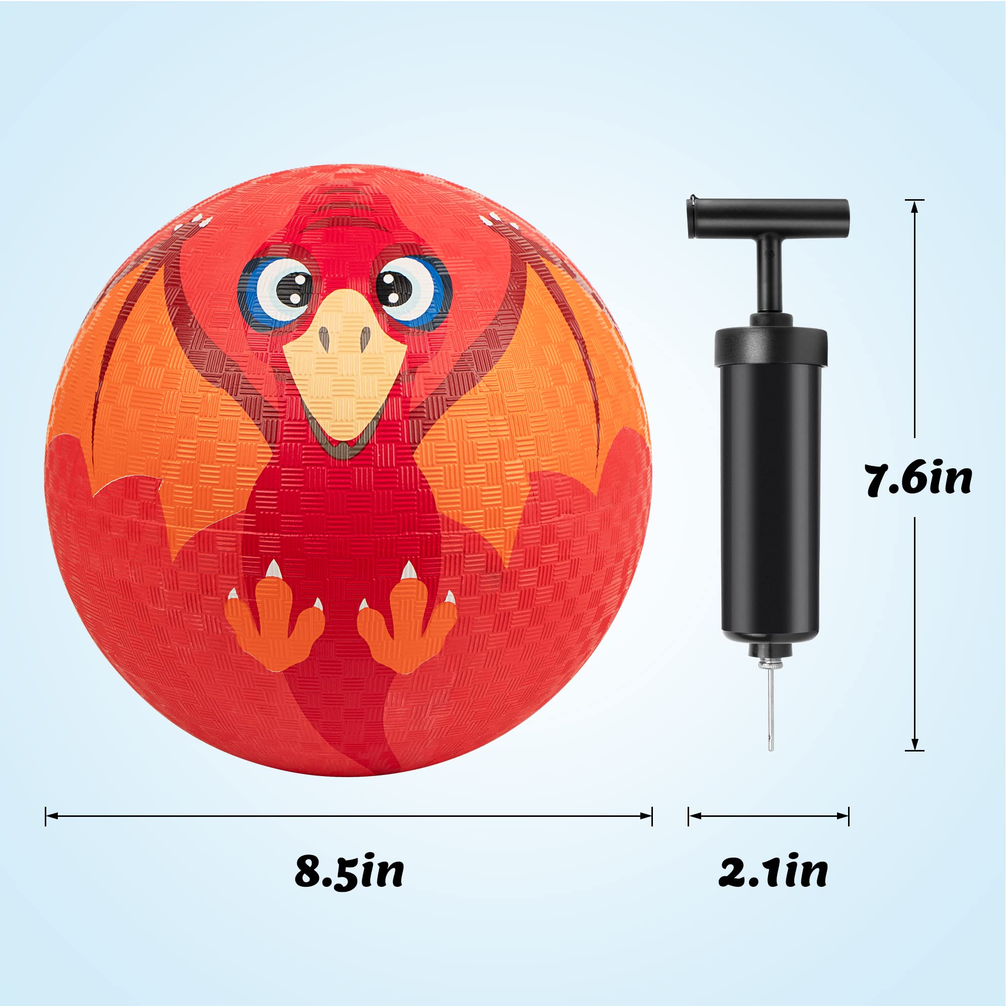 2Pcs Dinosaur Rubber Balls - 8.5 Inch Kickballs & Dodge Balls for Kids Ages 4-12 | Includes Pump & Drawstring Bags (Blue Triceratops + Red Pterosaur) | Perfect for Playground, Backyard, Gym Class & Outdoor Games