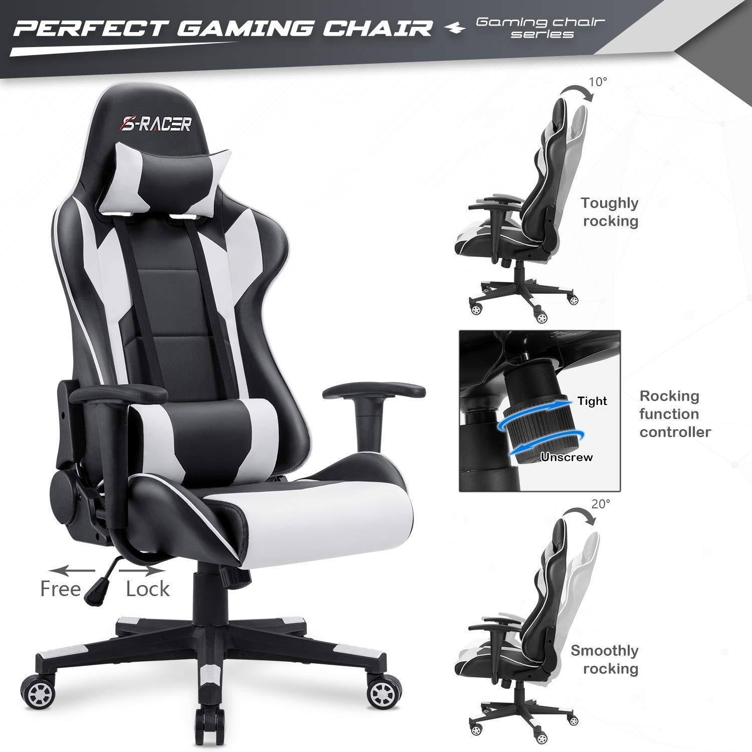 Furniwell Ergonomic Gaming Chair - High Back PU Leather Office Chair with Adjustable Headrest & Lumbar Support, Swivel Computer Desk Chair for Home & Office Use (White) - Perfect for Gaming, Working & Studying