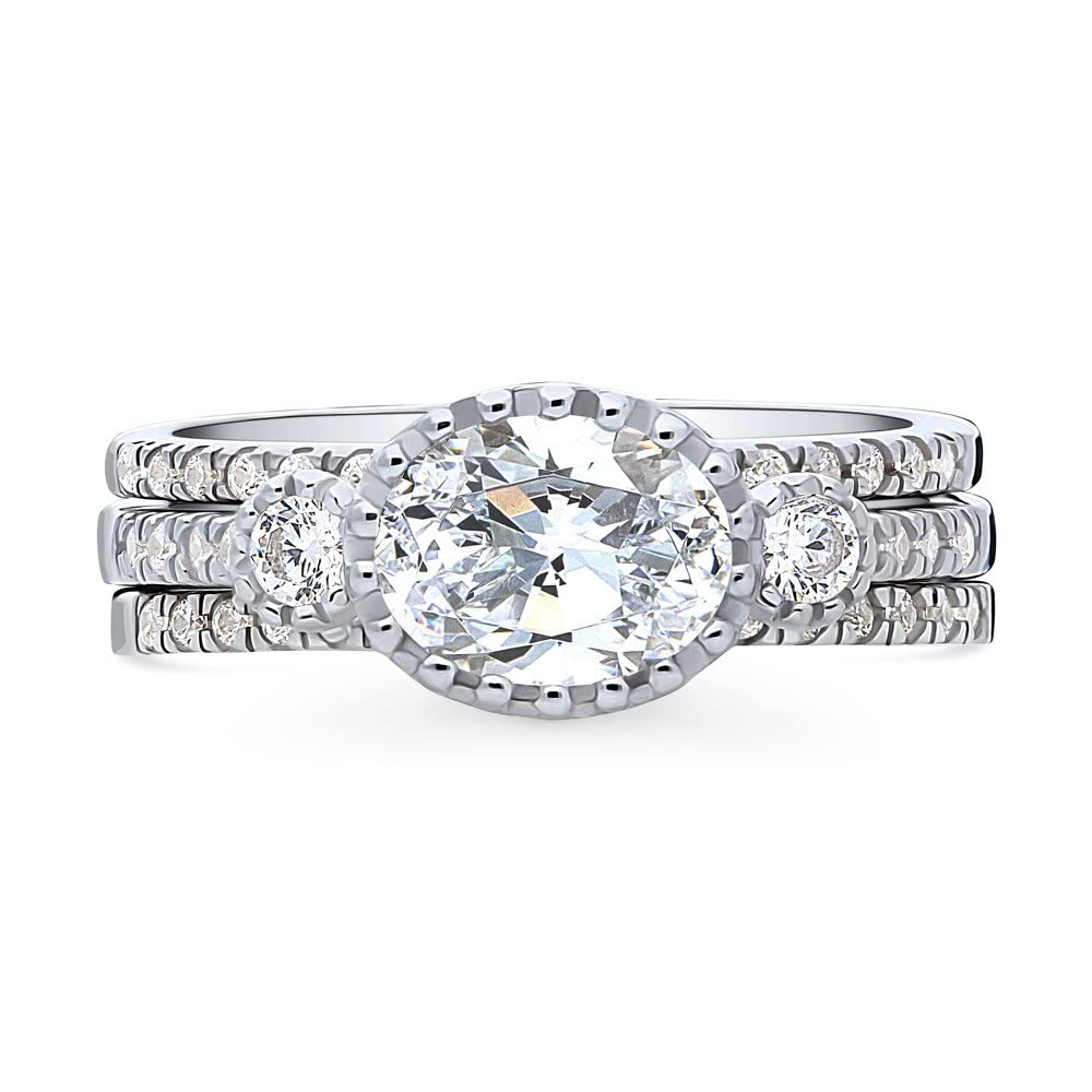 BERRICLE Sterling Silver 3-Stone Oval Cut Cubic Zirconia Engagement Ring Set for Women - 1.2 Carat CZ Wedding Band, Rhodium Plated Size 4-10 - Perfect for Proposals, Anniversaries & Bridal Jewelry Gifts
