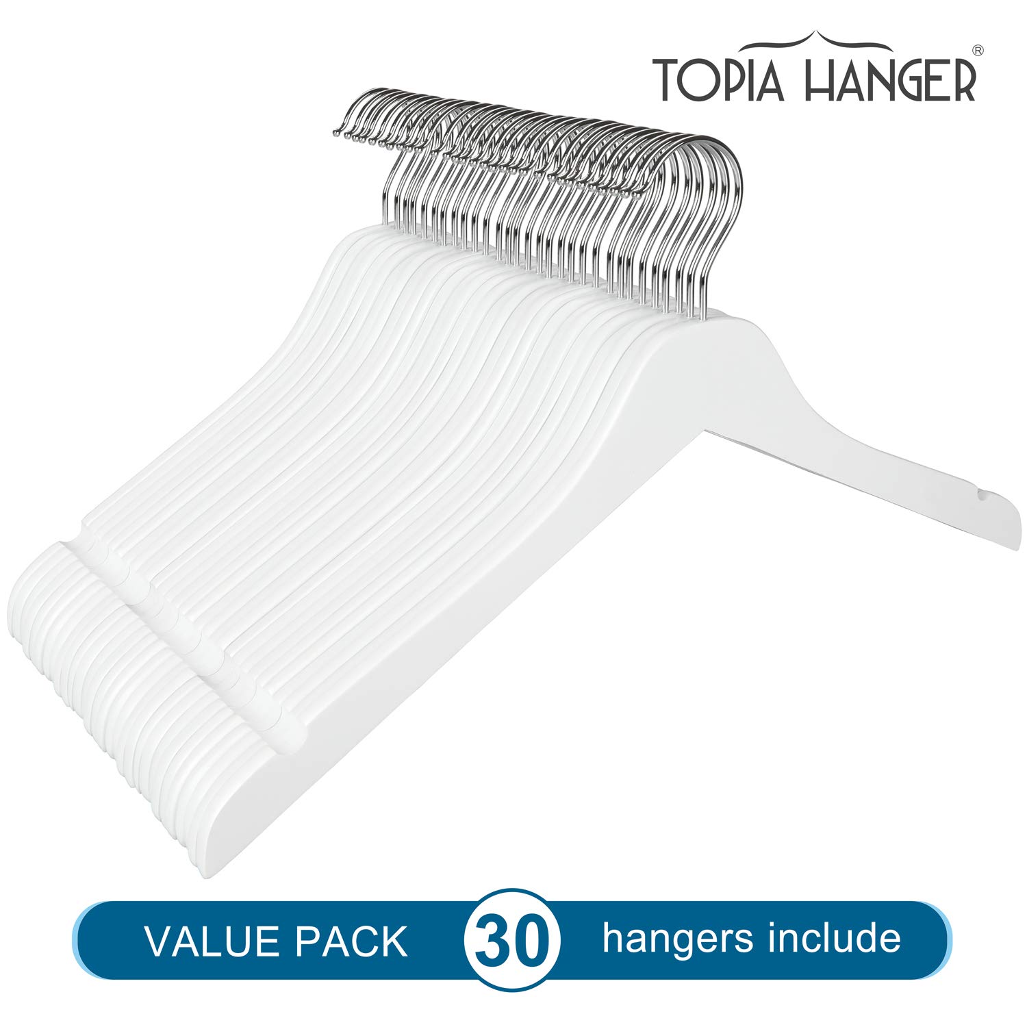 TOPIA 30 Pack White Wooden Clothes Hangers - 0.28 Inch Slim Space Saving Hangers with Smooth Notches for Shirts, Coats & Camisoles | Durable Flat Design Wood Hanger for Closet Organization & Retail Display