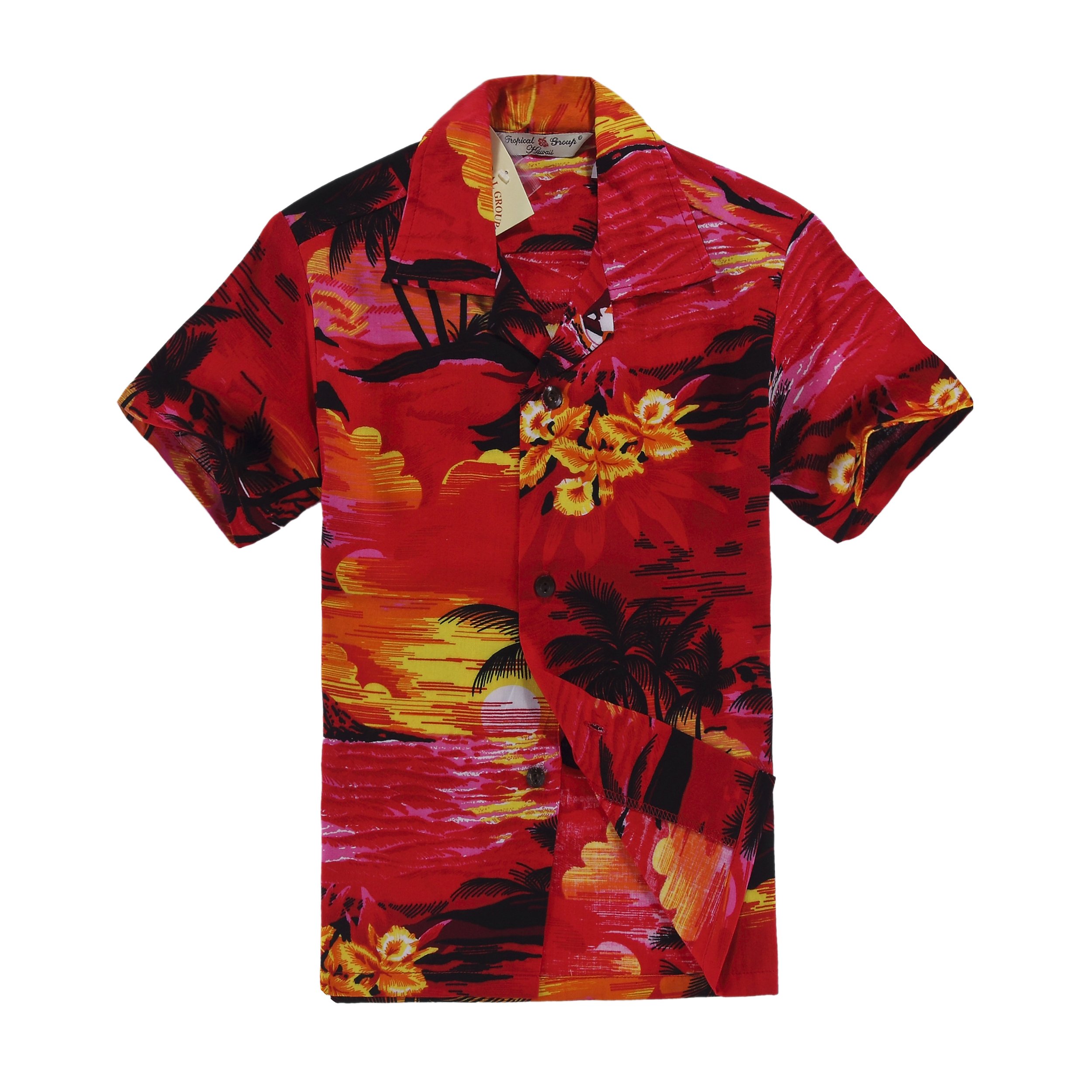 Stylish Boys Hawaiian Shirt & Cabana Set - Red Sunset Tropical Print - Perfect for Beach Vacations, Summer Parties & Poolside Fun