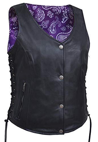 Women's Lightweight Leather Motorcycle Vest with Purple Paisley Patch - Side Laces & 2 Gun Pockets (3XL) - Perfect for Biker Riders, Motorcycle Events & Casual Outfits