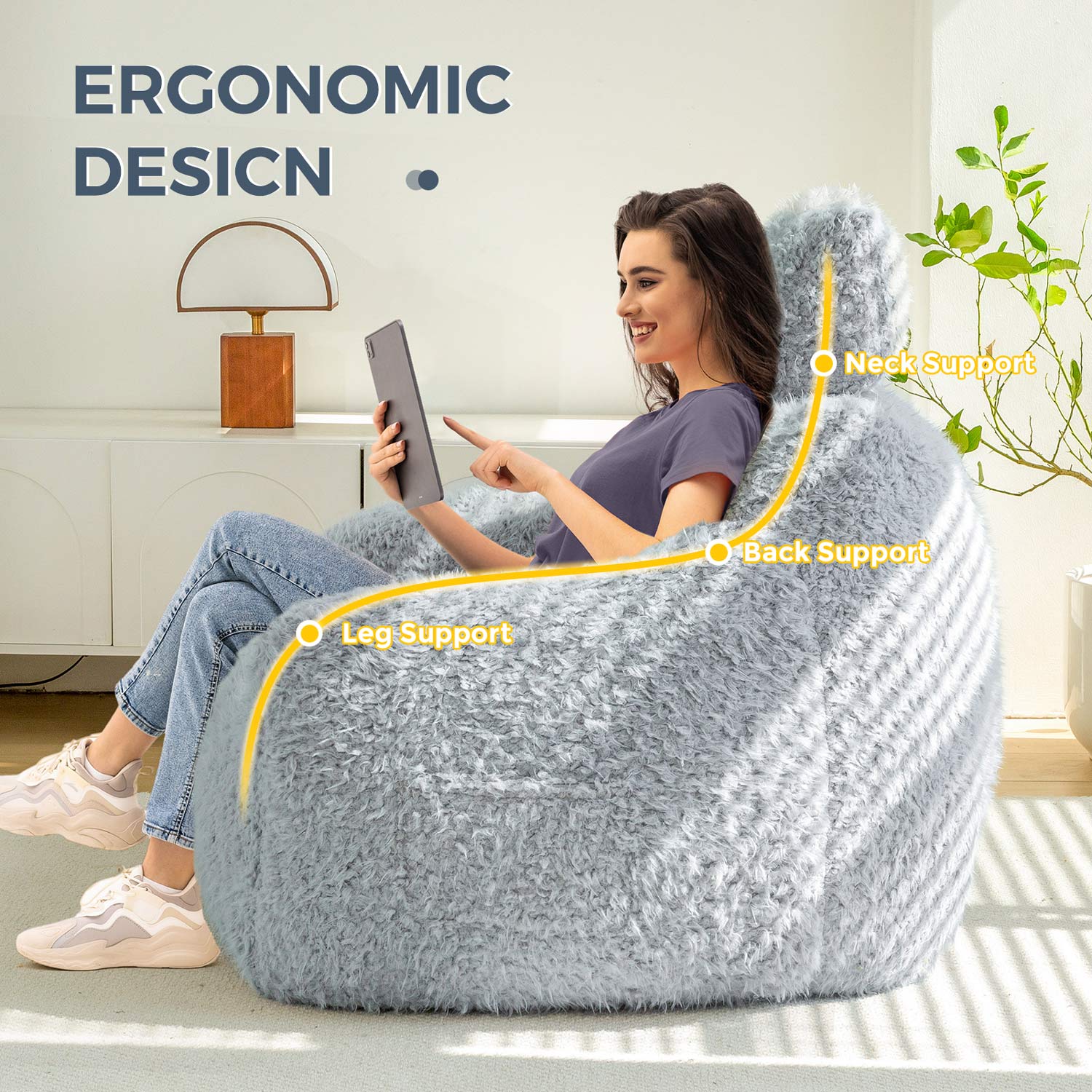 MAXYOYO Fluffy Comfy Large Bean Bag Chair with Pillow - Oversized Lounger for Reading, Gaming & Relaxation in Dusty Blue - Perfect for Bedrooms, Dorms & Game Rooms
