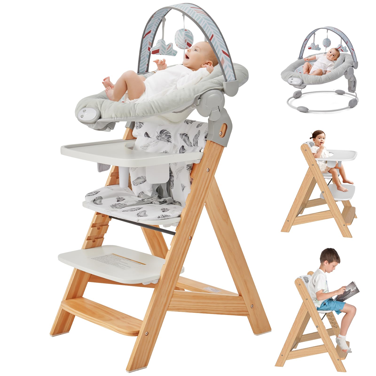 Convertible Wooden High Chair with Baby Bouncer & Tray - Adjustable Toddler Highchair for 6+ Months - Water Resistant Natural Wood Baby Chair for Dining & Feeding - Perfect for Home, Nursery & Restaurants