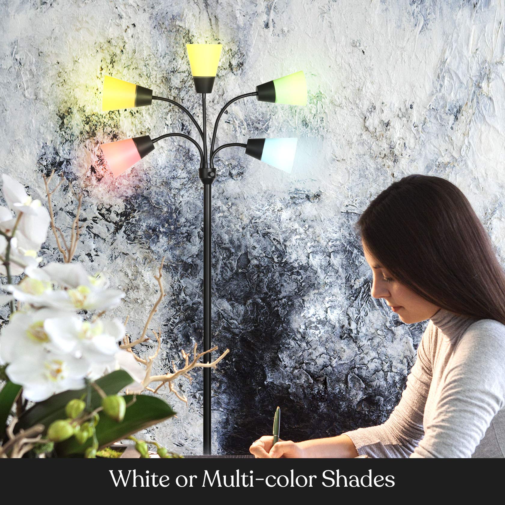 Brightech Medusa Modern LED Floor Lamp - Adjustable Multi-Head Standing Light with 5 LED Bulbs & Interchangeable Shades - Tall Contemporary Lighting for Living Room, Office, Reading Nook & Hobby Spaces - Black