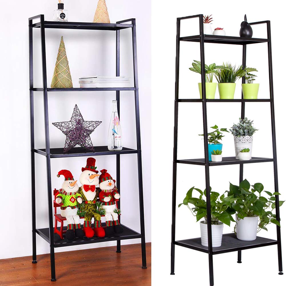 4-Tier Open Ladder Bookshelf - Multifunctional Leaning Bookcase for Plants, Flowers & Storage - Modern Display Shelf for Home, Office, Bathroom & Balcony - Perfect for Organizing Books, Decor & Essentials (Black)