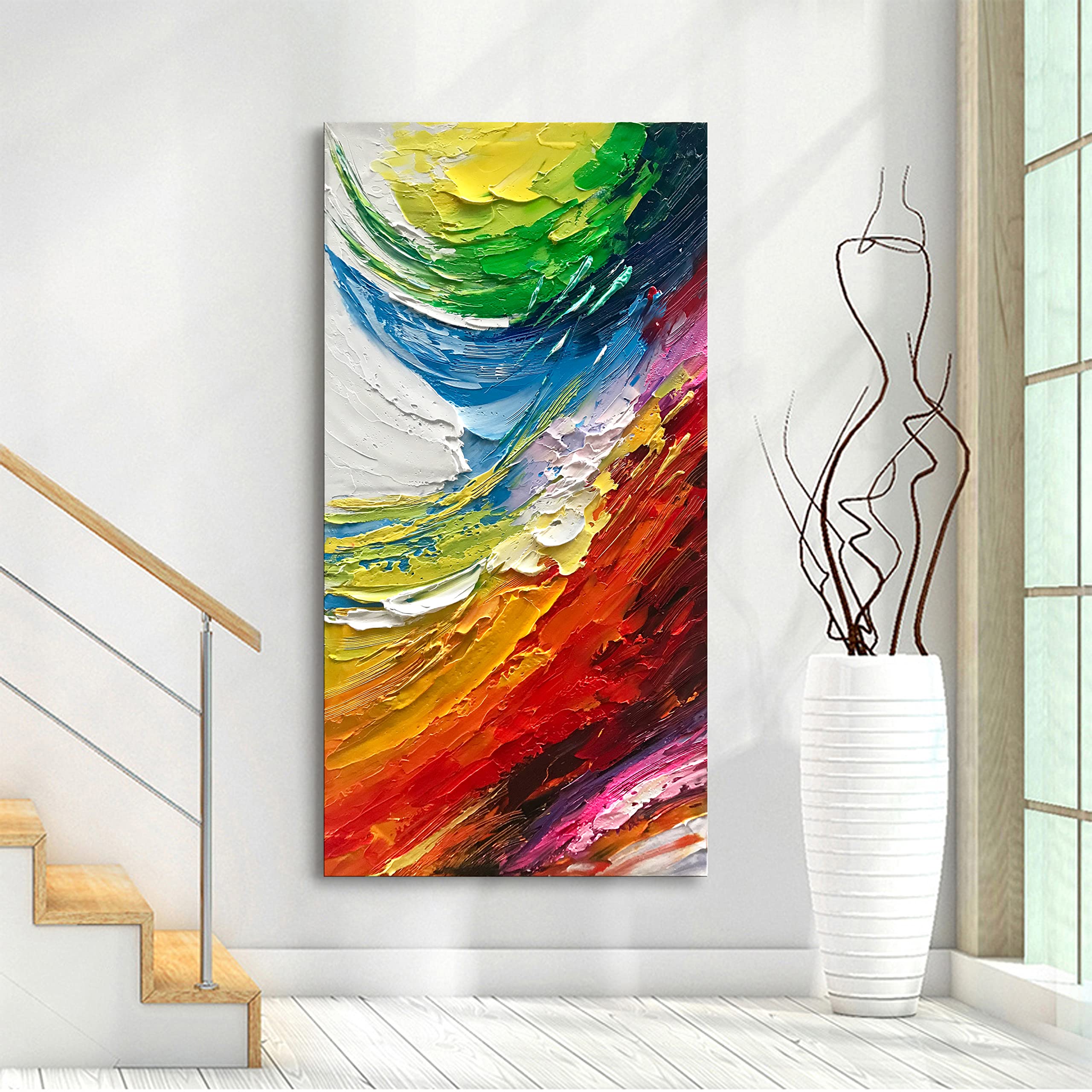 Hand-Painted Blue and Red Abstract Oil Canvas Wall Art - 46x23 Inch Modern Framed Painting for Living Room, Bedroom, Office, Hotel & Restaurant Decor | Perfect for Contemporary Home & Commercial Spaces