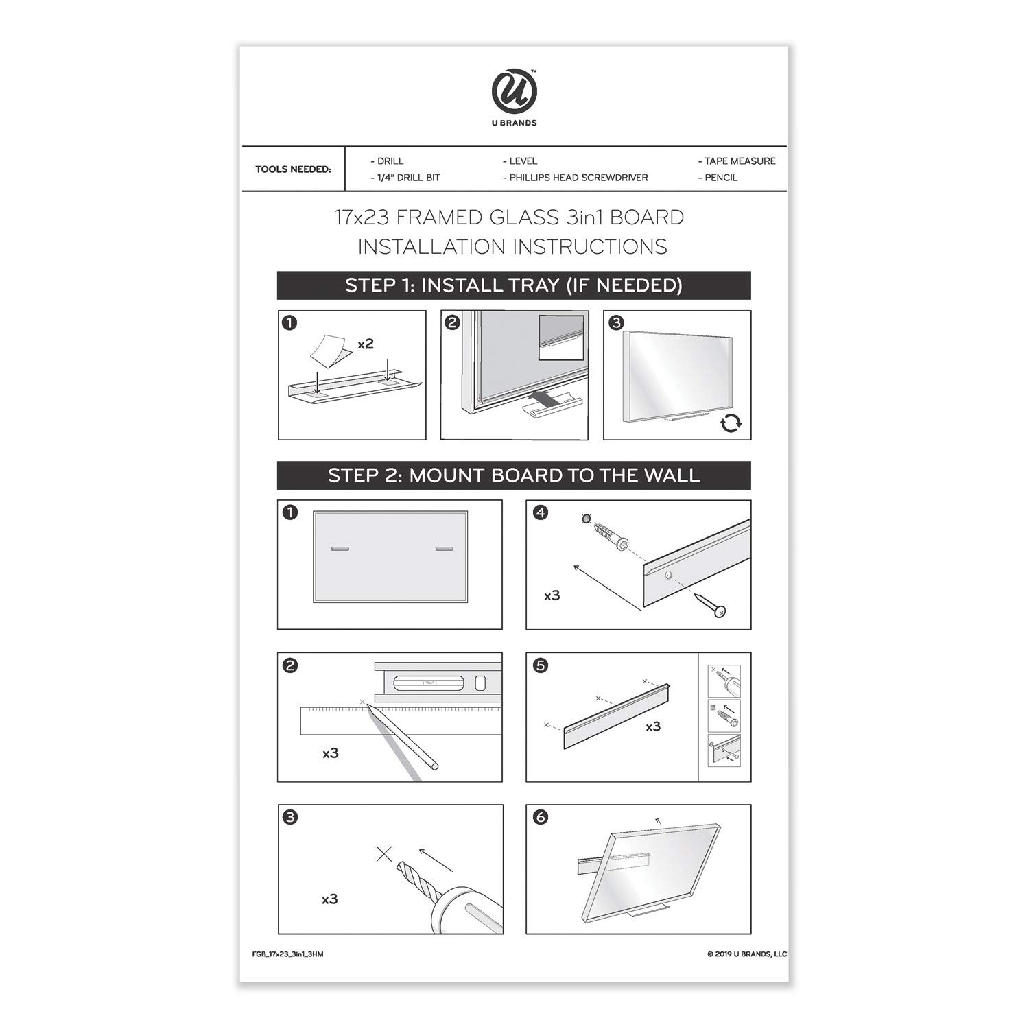 U Brands 3-in-1 Magnetic Glass Dry Erase Monthly Calendar Board - 36